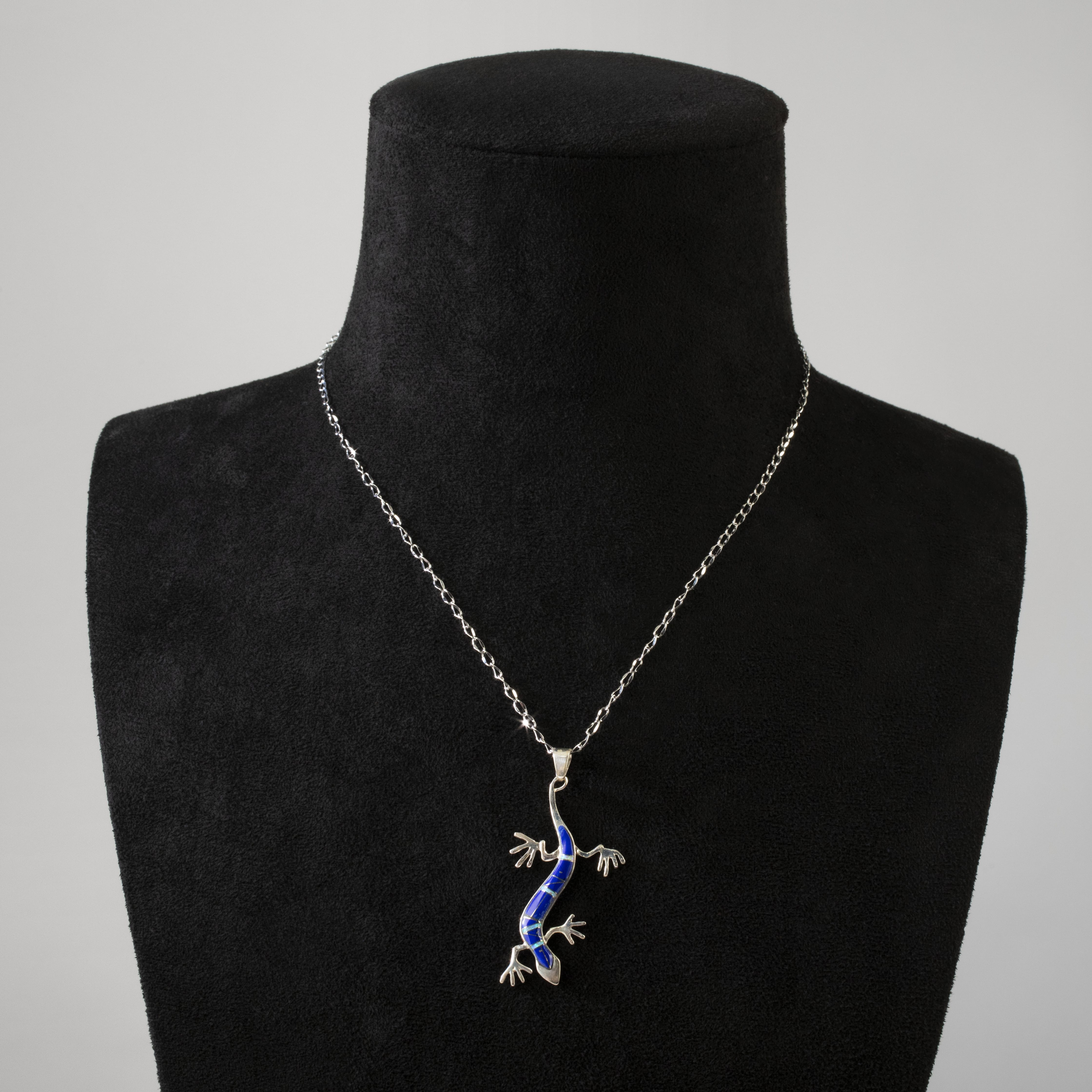 Kalifano Southwest Silver Jewelry Lapis Lizard 925 Sterling Silver Pendant USA Handmade with Opal Accent NMN.2164.LP