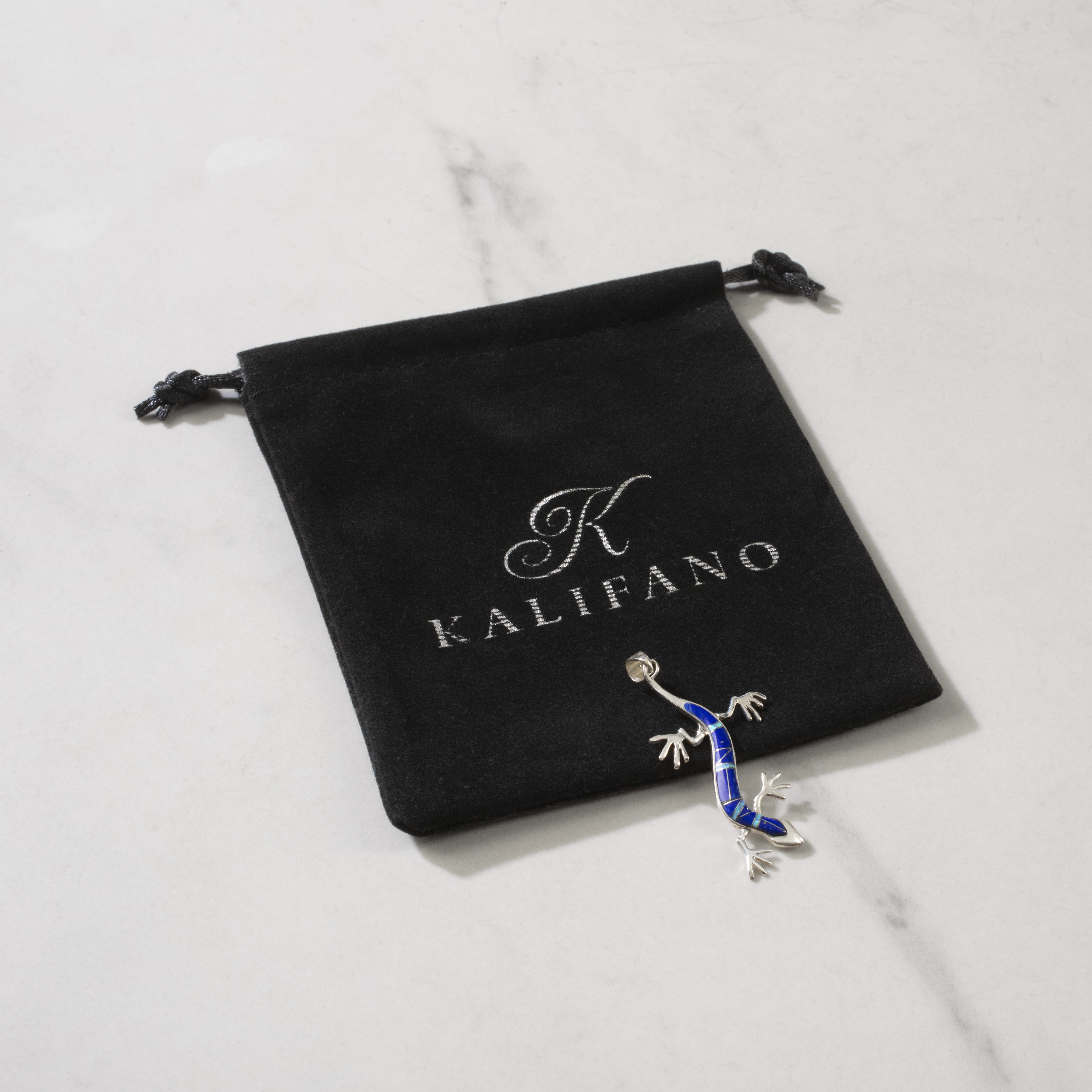 Kalifano Southwest Silver Jewelry Lapis Lizard 925 Sterling Silver Pendant USA Handmade with Opal Accent NMN.2164.LP