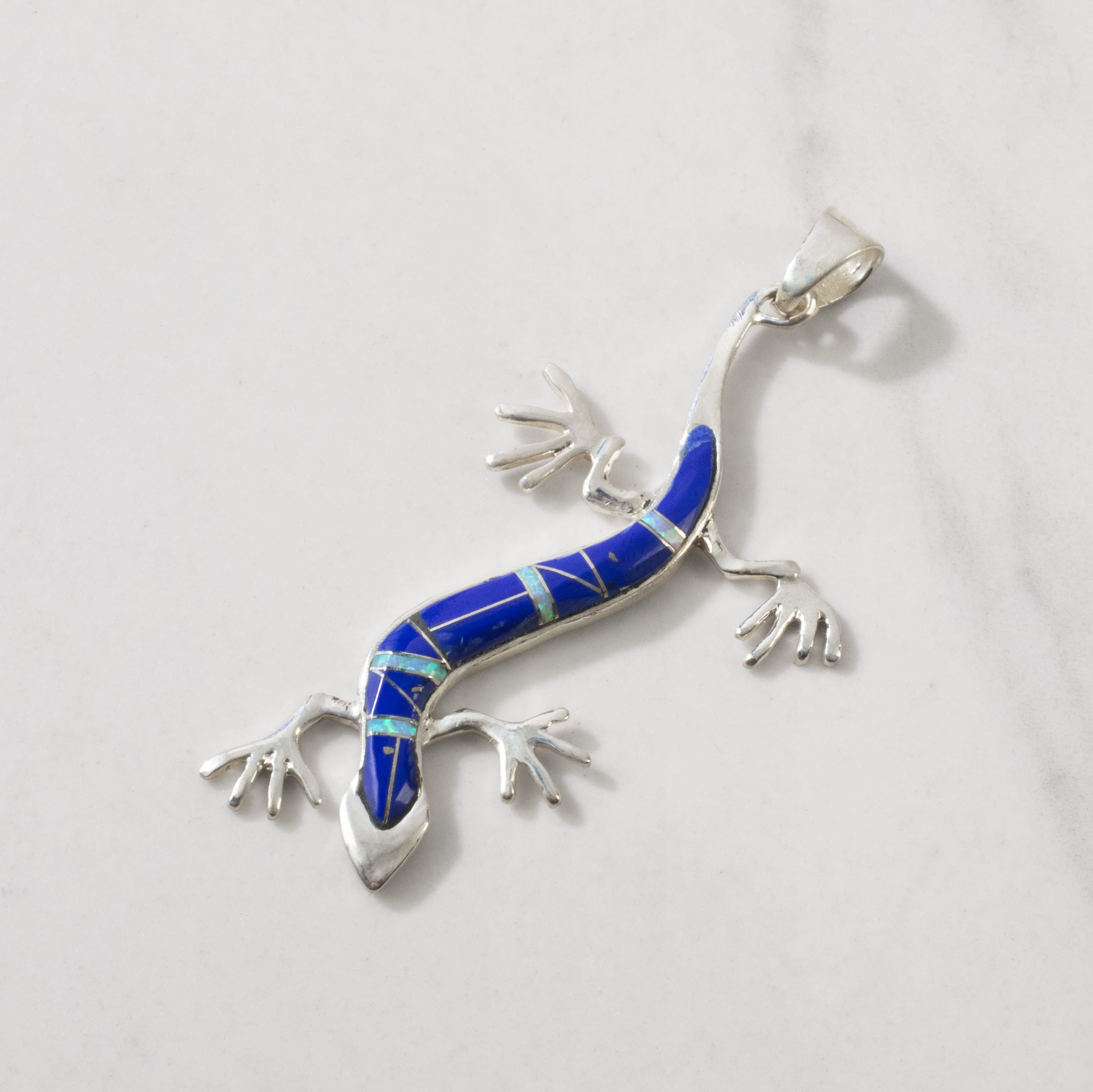 Kalifano Southwest Silver Jewelry Lapis Lizard 925 Sterling Silver Pendant USA Handmade with Opal Accent NMN.2164.LP