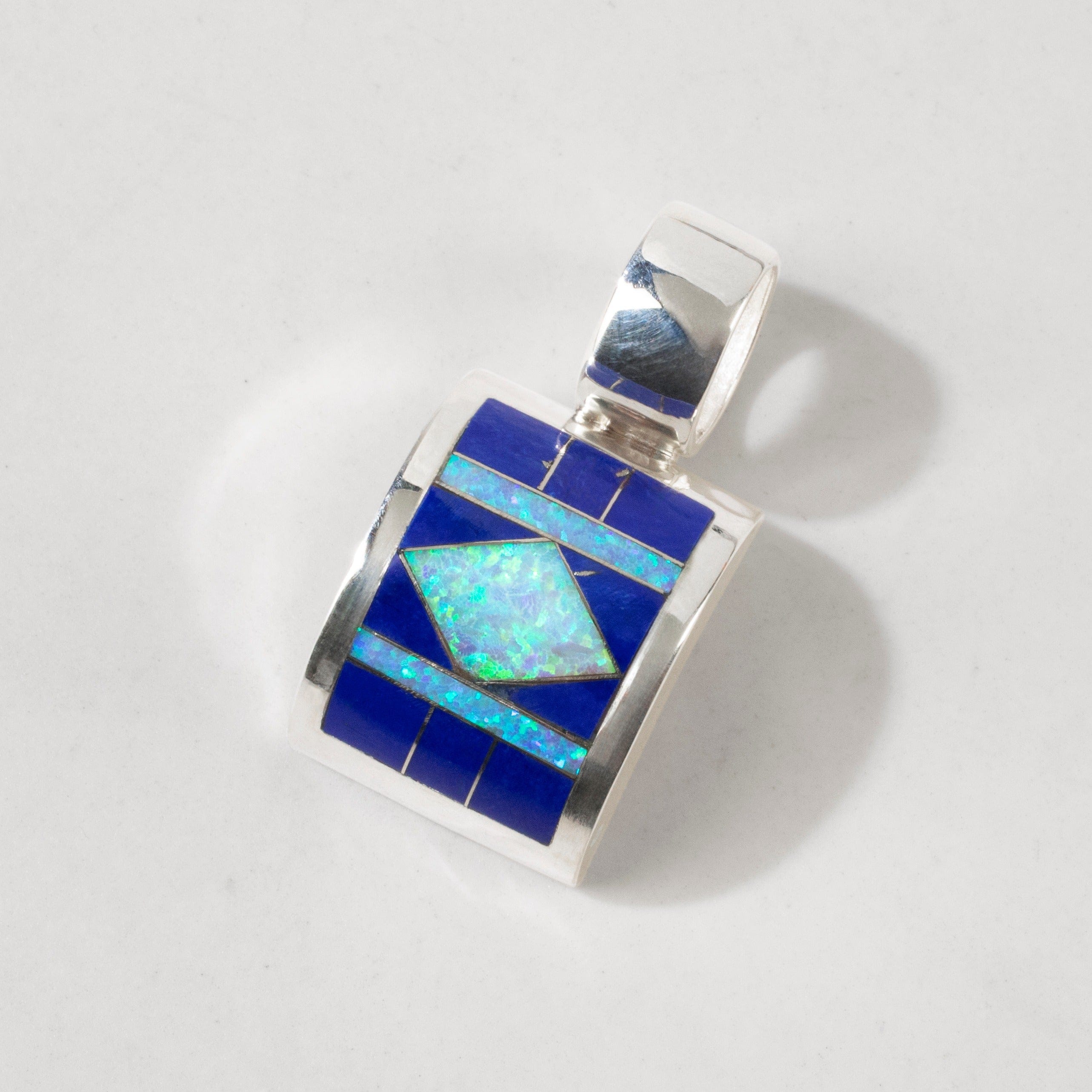 Kalifano Southwest Silver Jewelry Lapis Rectangle 925 Sterling Silver USA Handmade Pendant with Opal Accent NMN.0751.LP