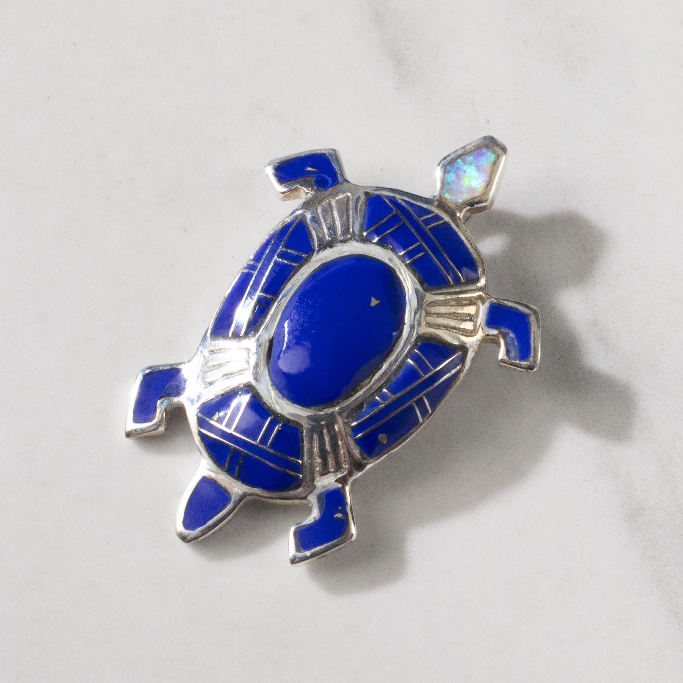 Kalifano Southwest Silver Jewelry Lapis Turtle 925 Sterling Silver Pendant USA Handmade with Opal Accent NMN.0894.LP