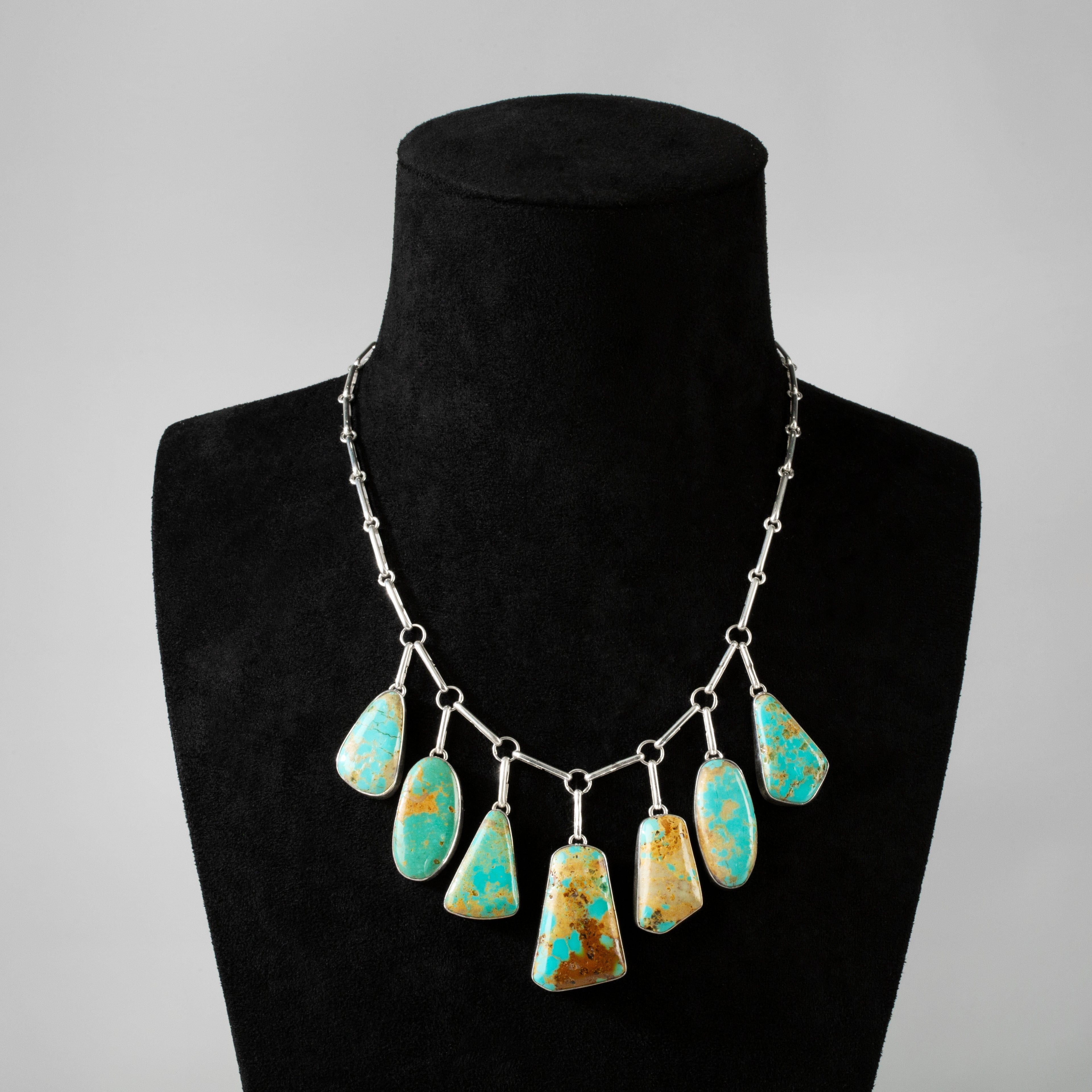 Kalifano Southwest Silver Jewelry Mexican Turquoise with Gold Matrix Handmade 925 Sterling Silver Chain Link Necklace NMN.0470.TQ