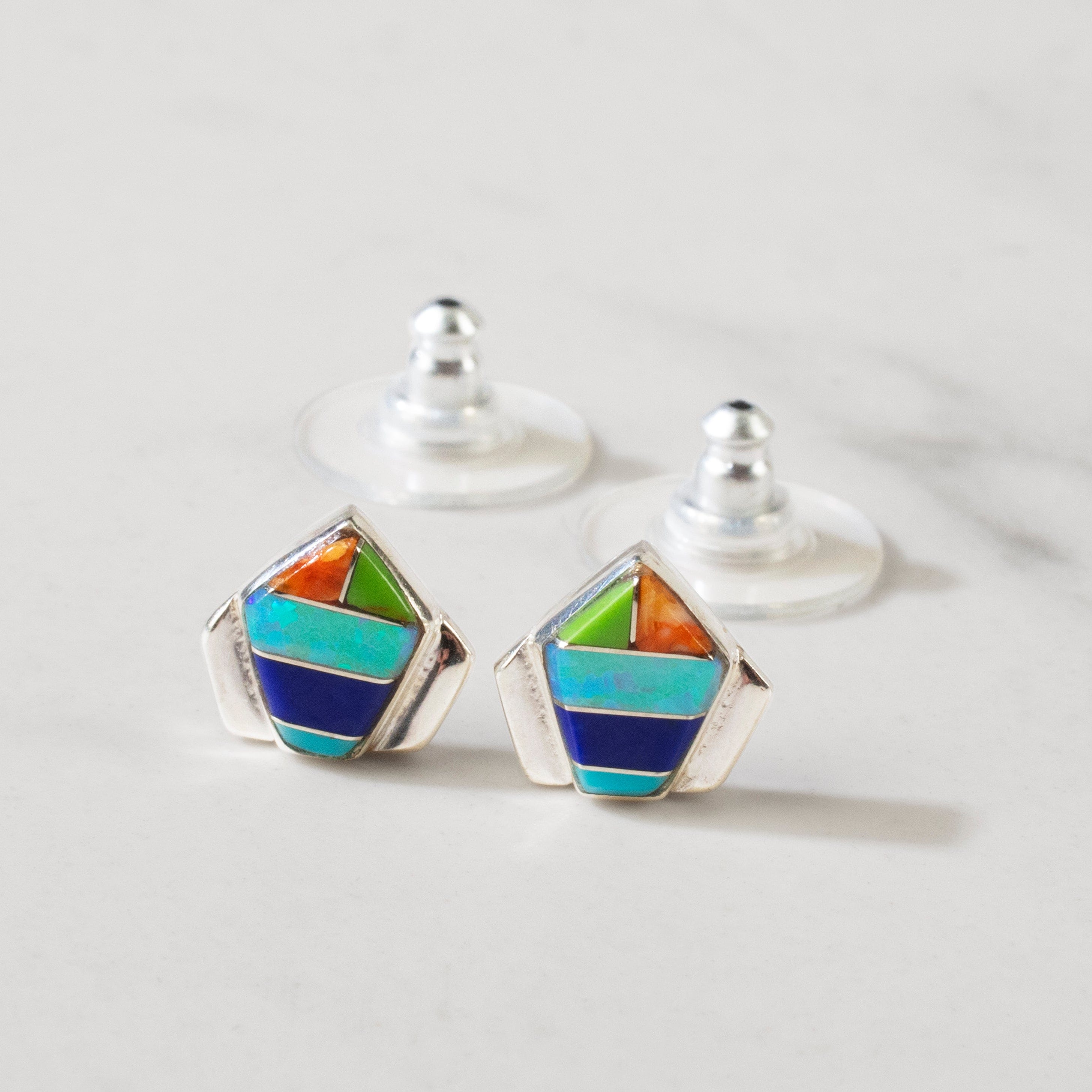 Kalifano Southwest Silver Jewelry Muli Gem Pentagon 925 Sterling Silver USA Handmade Earring with Stud Backing NME.0371.MT