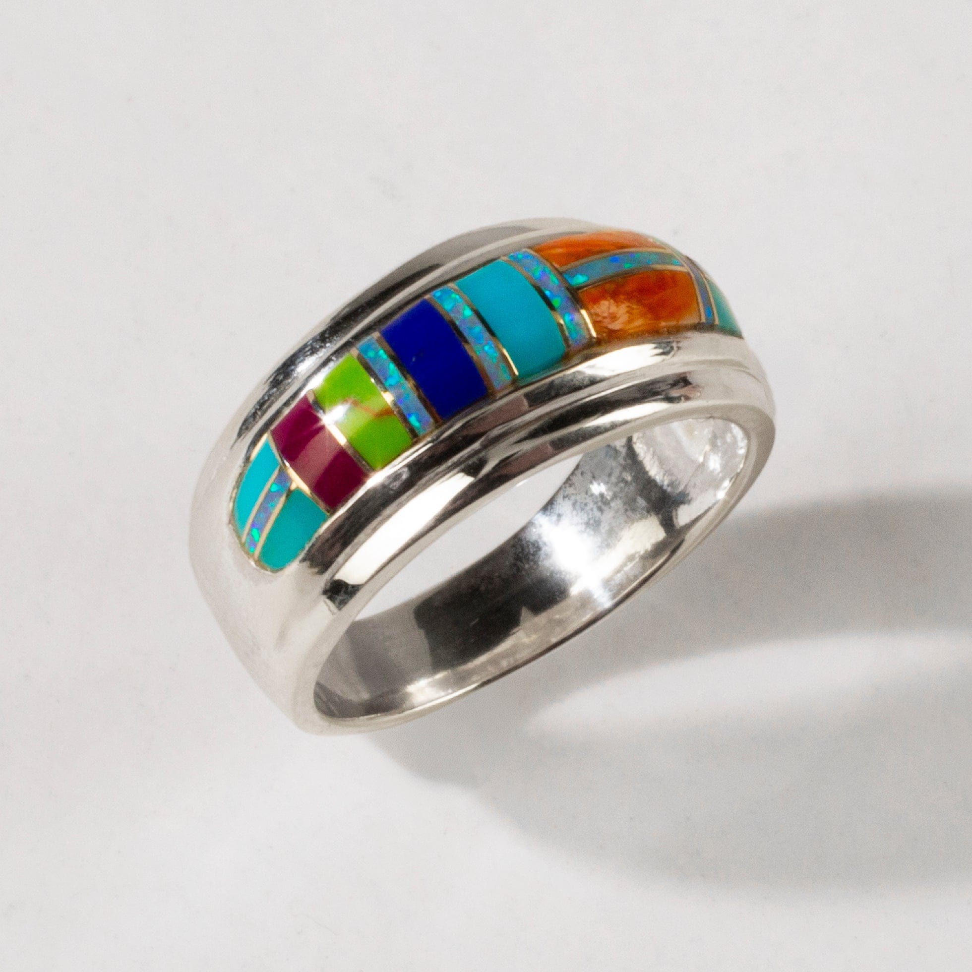 Kalifano Southwest Silver Jewelry Multi Gem 925 Sterling Silver Ring Handmade with Laboratory Opal Accent