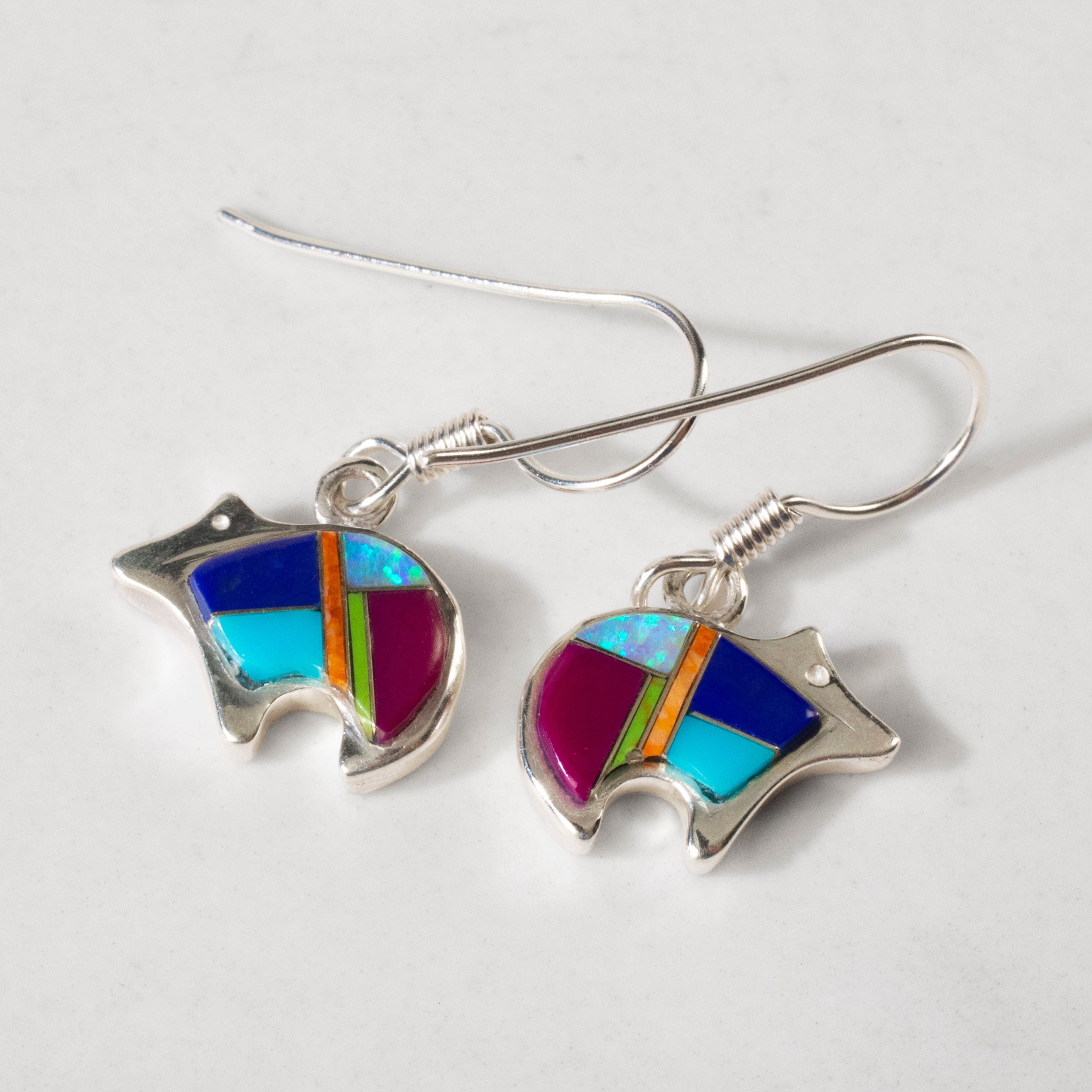 Kalifano Southwest Silver Jewelry Multi Gem Bear 925 Sterling Silver USA Handmade Earrings with French Hook NME.0451.MT