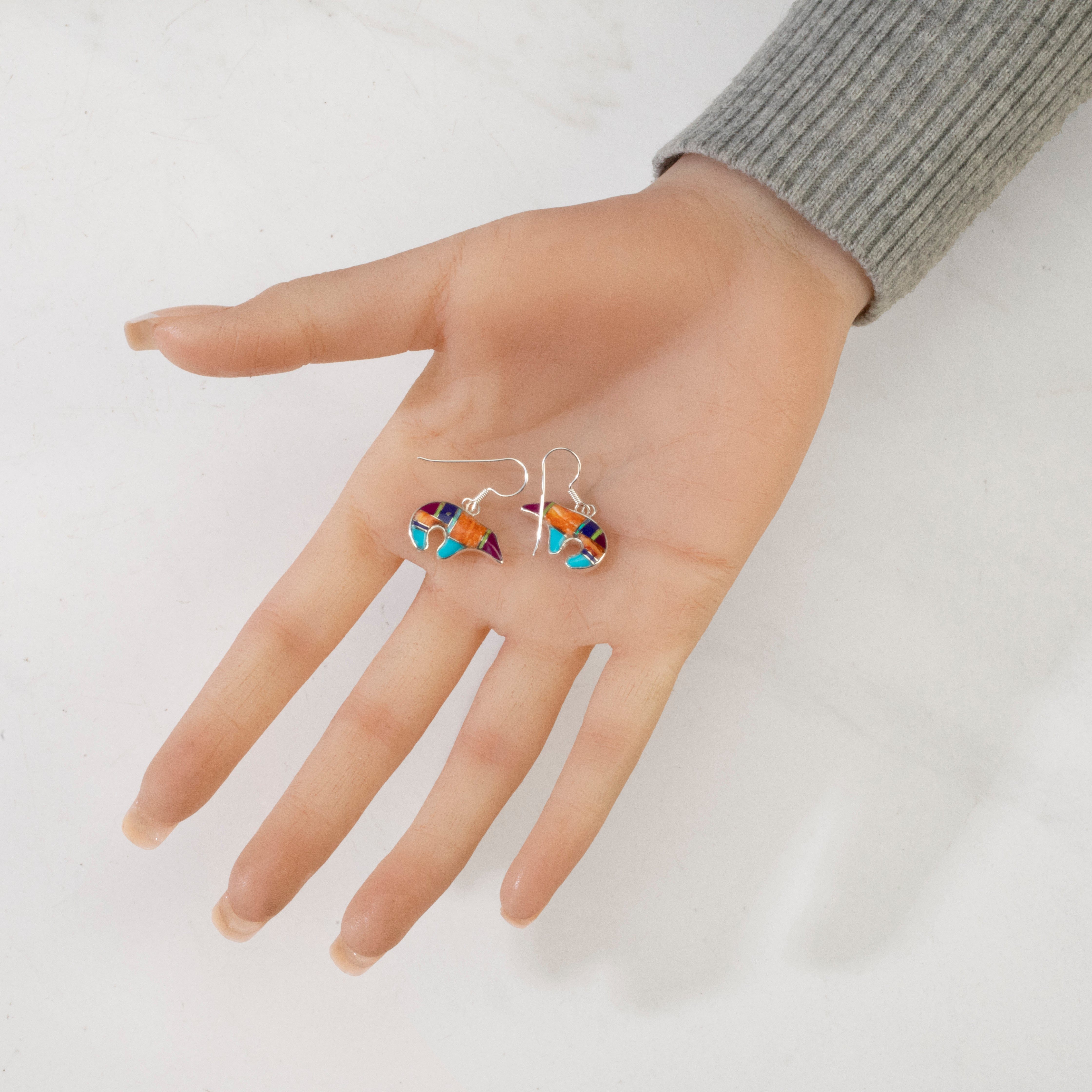 Kalifano Southwest Silver Jewelry Multi Gem Bear USA Handmade 925 Sterling Silver Earrings with French Hook Backing NME.0471.MT