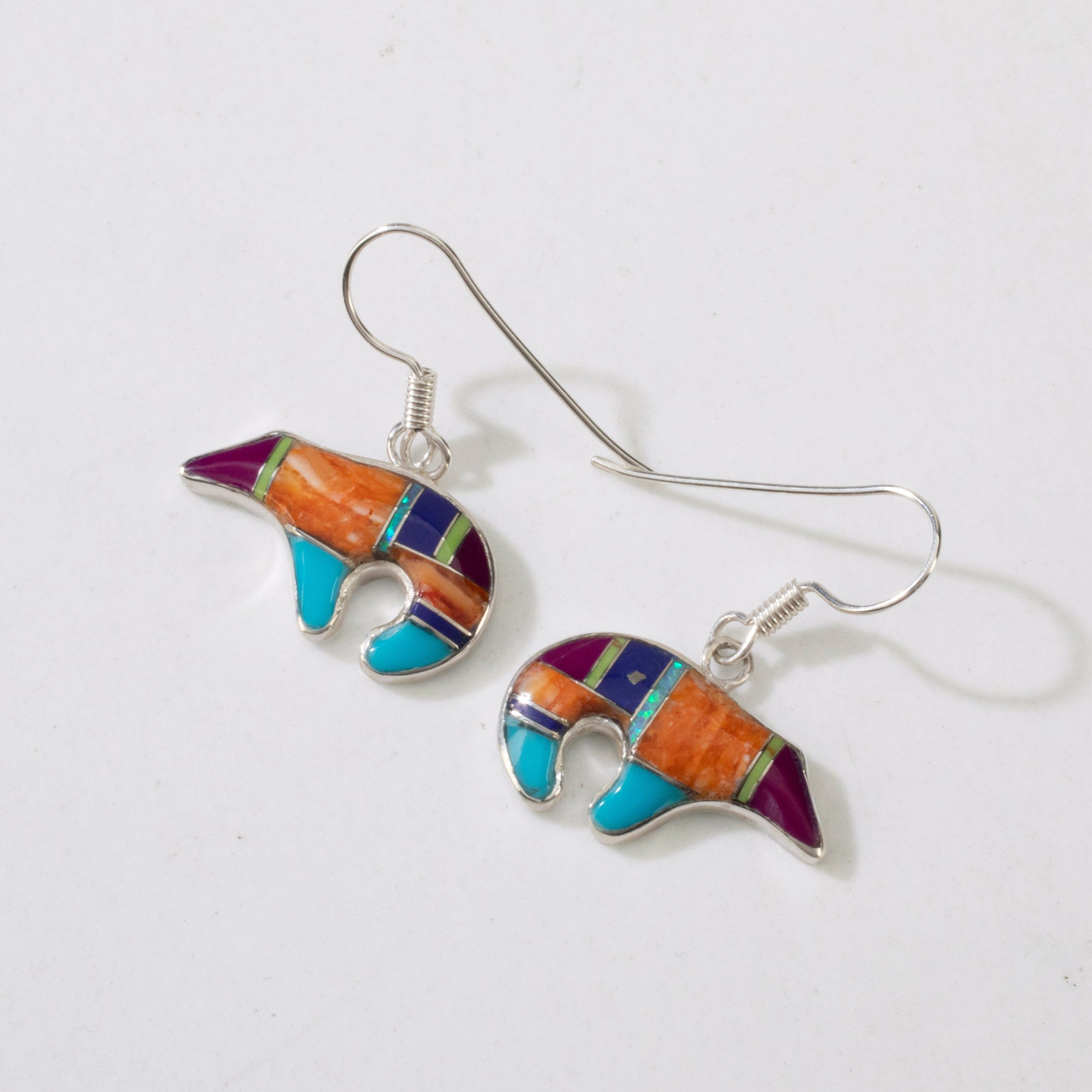 Kalifano Southwest Silver Jewelry Multi Gem Bear USA Handmade 925 Sterling Silver Earrings with French Hook Backing NME.0471.MT
