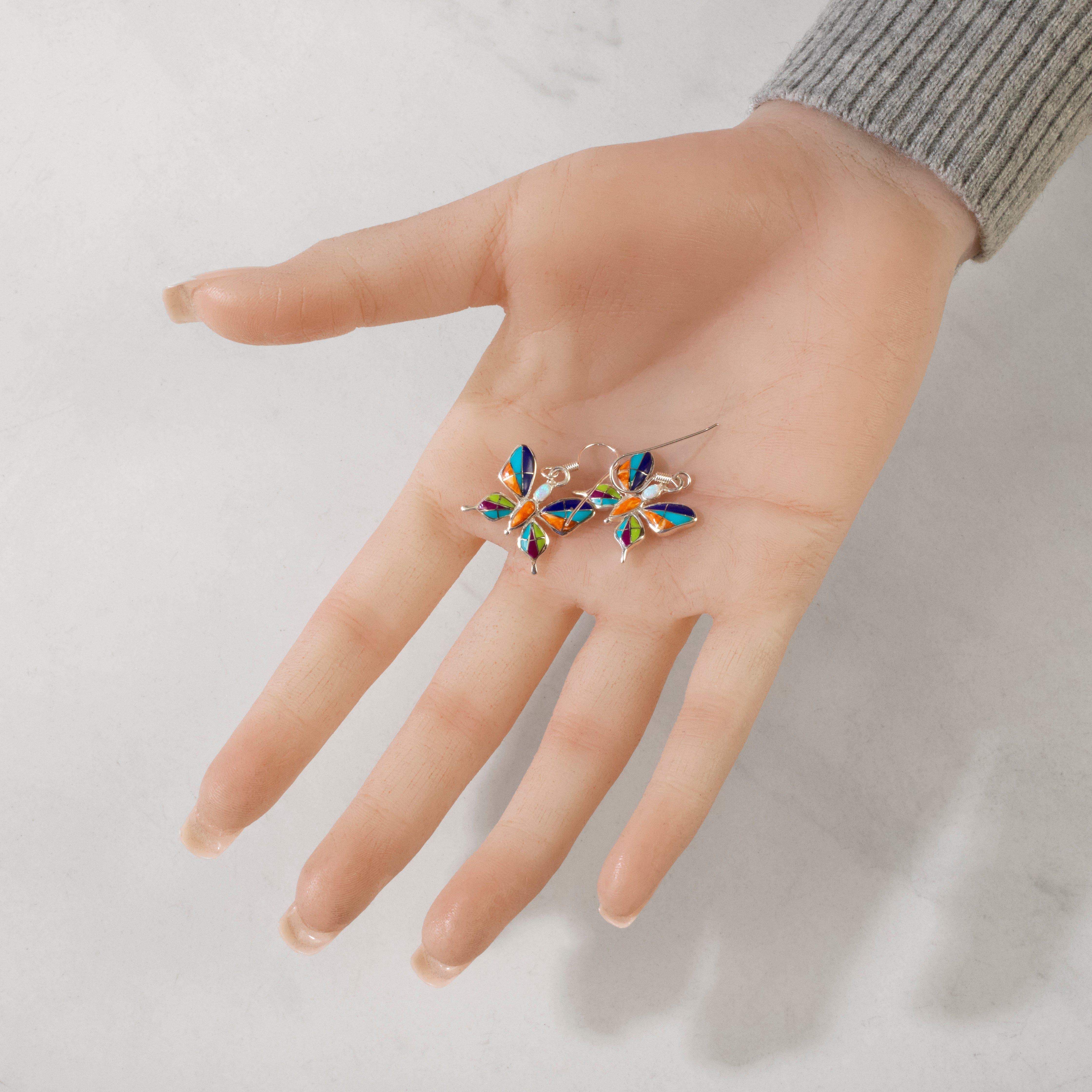 Kalifano Southwest Silver Jewelry Multi Gem Butterfly 925 Sterling Silver USA Handmade Earring with French Hook NME.0889.MT