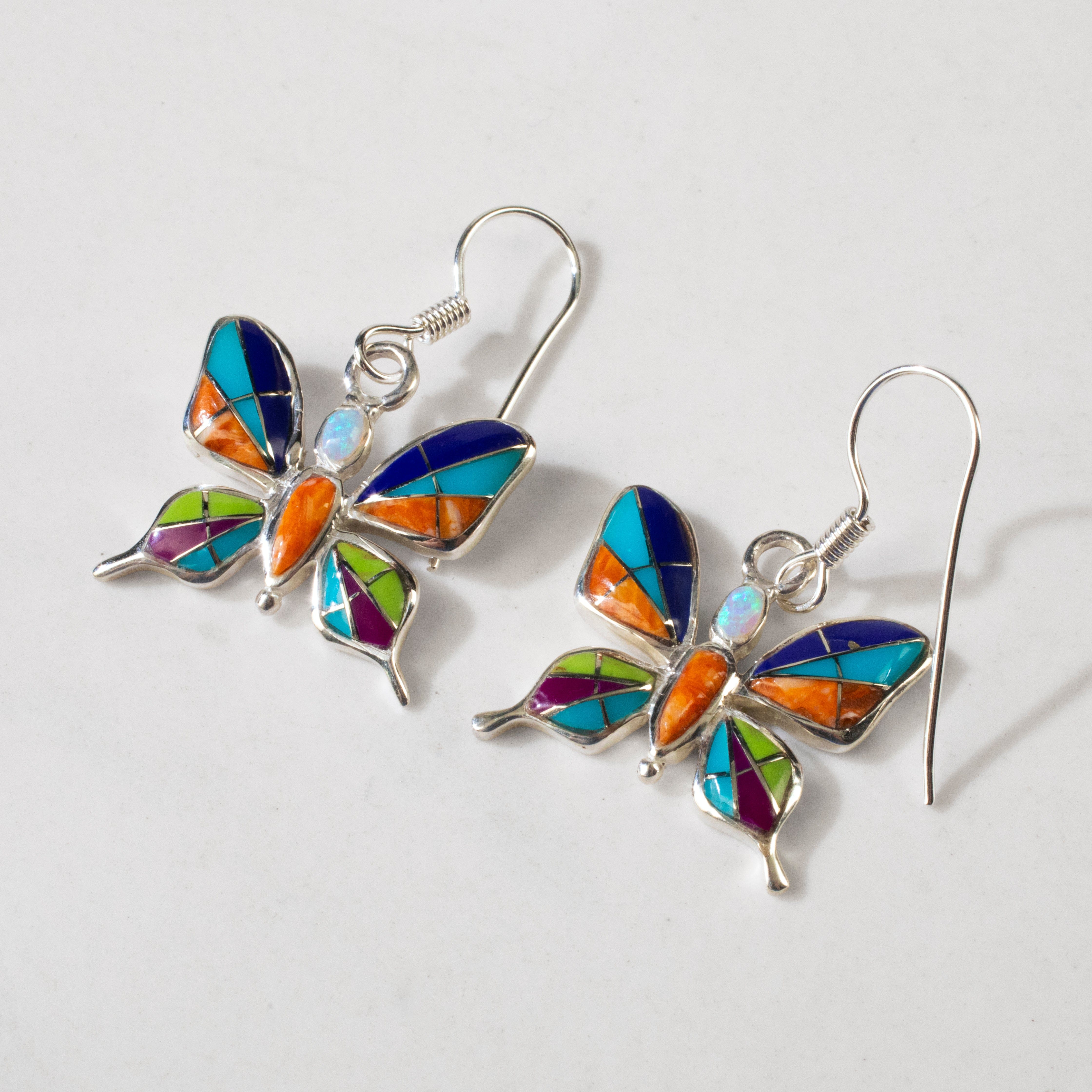 Kalifano Southwest Silver Jewelry Multi Gem Butterfly 925 Sterling Silver USA Handmade Earring with French Hook NME.0889.MT