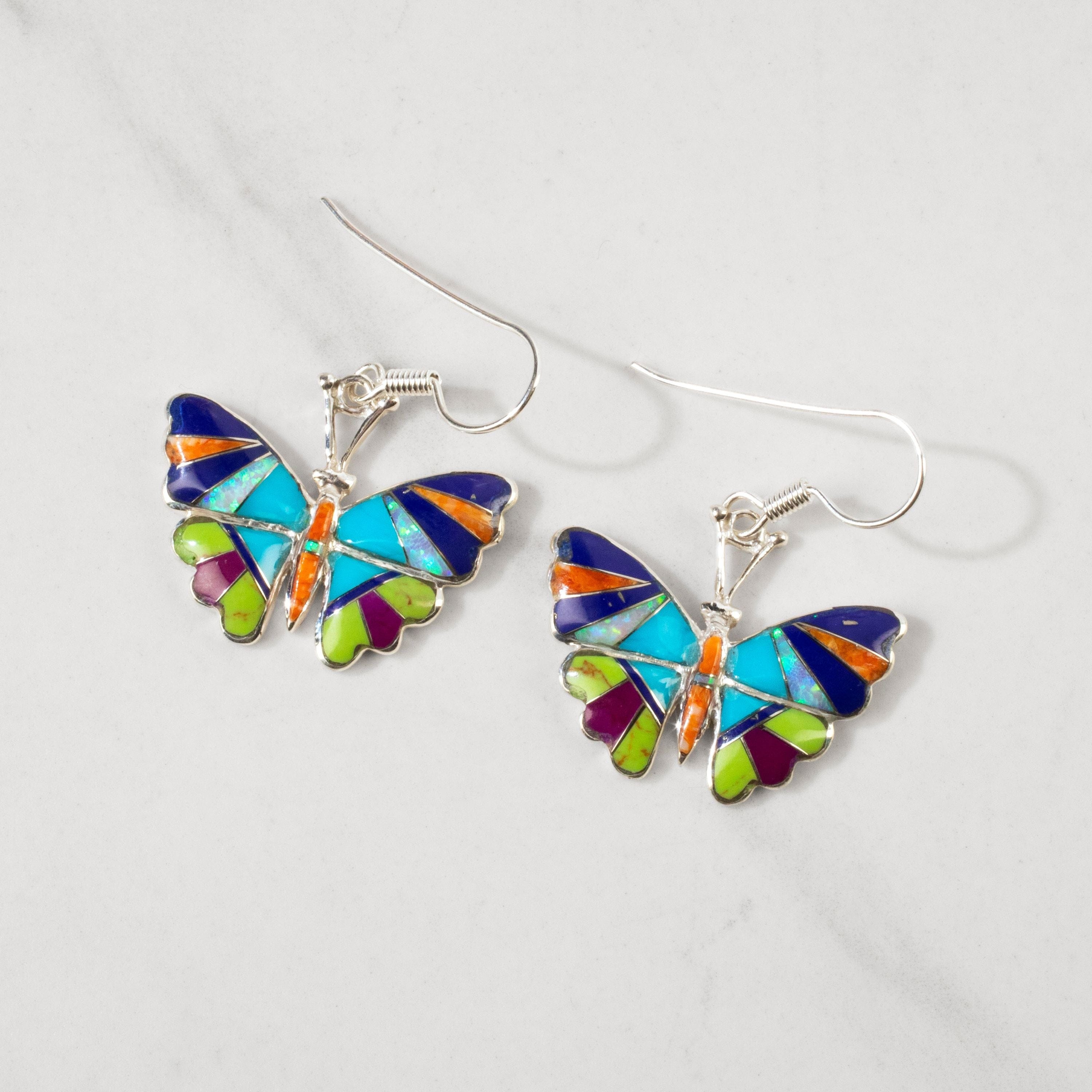 Kalifano Southwest Silver Jewelry Multi Gem Butterfly 925 Sterling Silver USA Handmade Earrings with French Hook NME.2336.MT