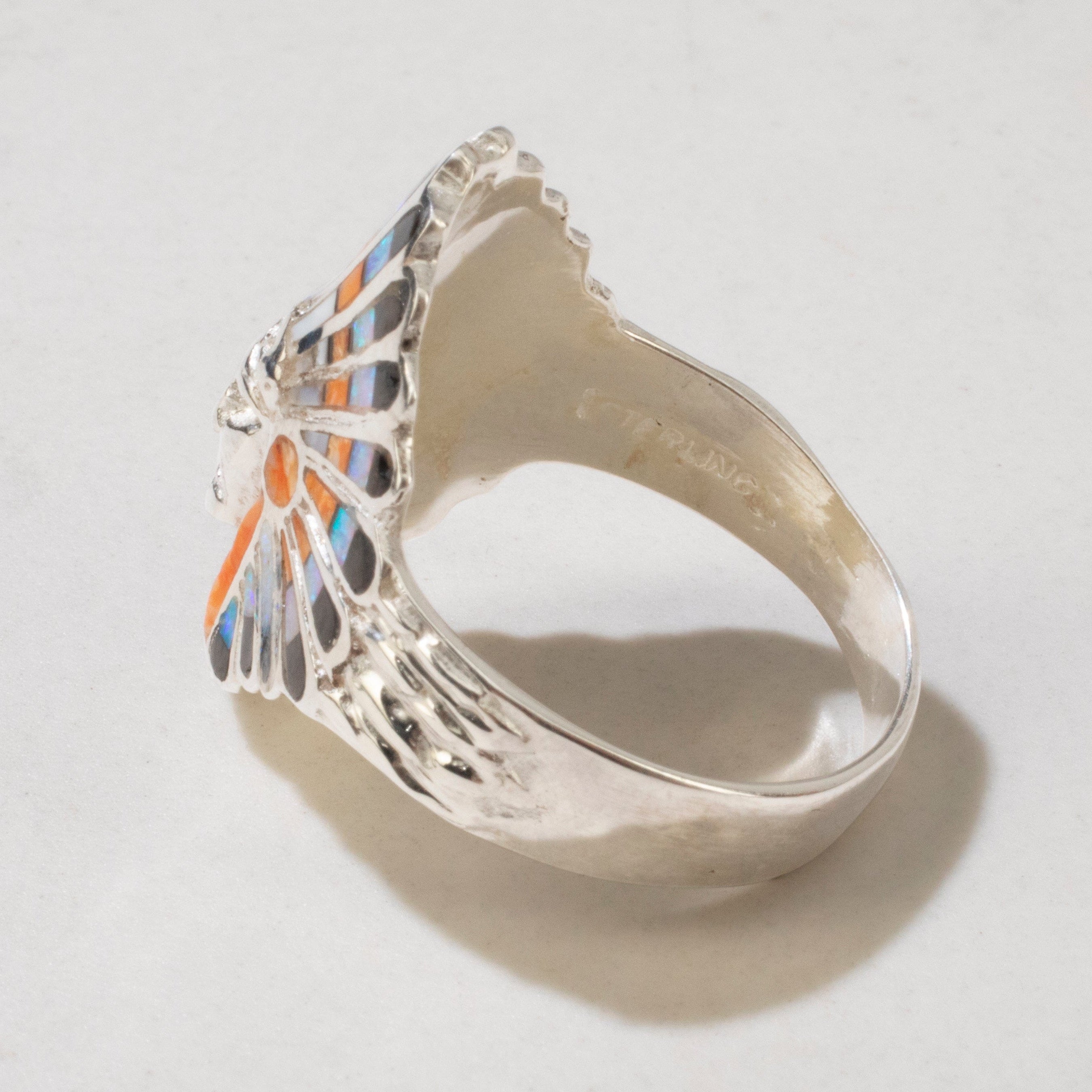Kalifano Southwest Silver Jewelry Multi Gem Chief Head 925 Sterling Silver Ring USA Handmade with Laboratory Opal Accent