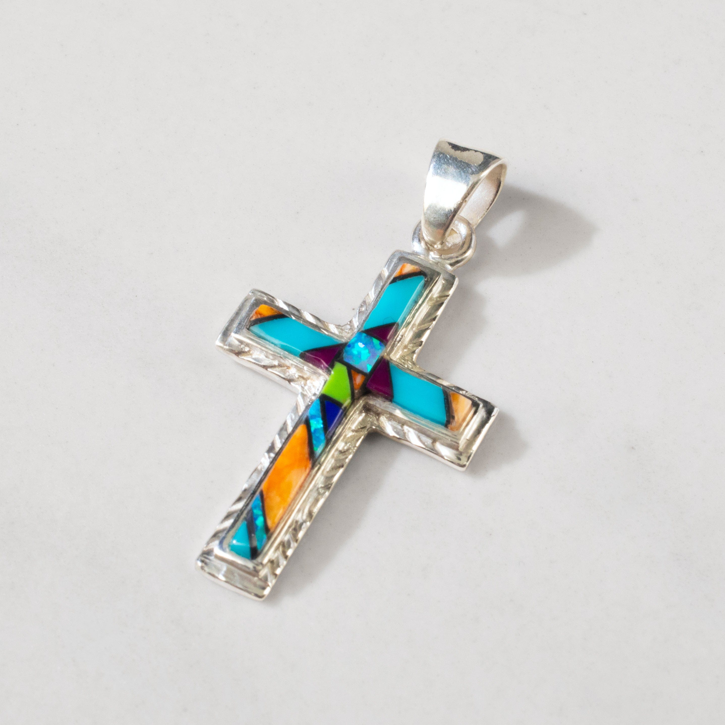 Kalifano Southwest Silver Jewelry Multi Gem Cross 925 Sterling Silver USA Handmade Pendant NMN.2054S.MT