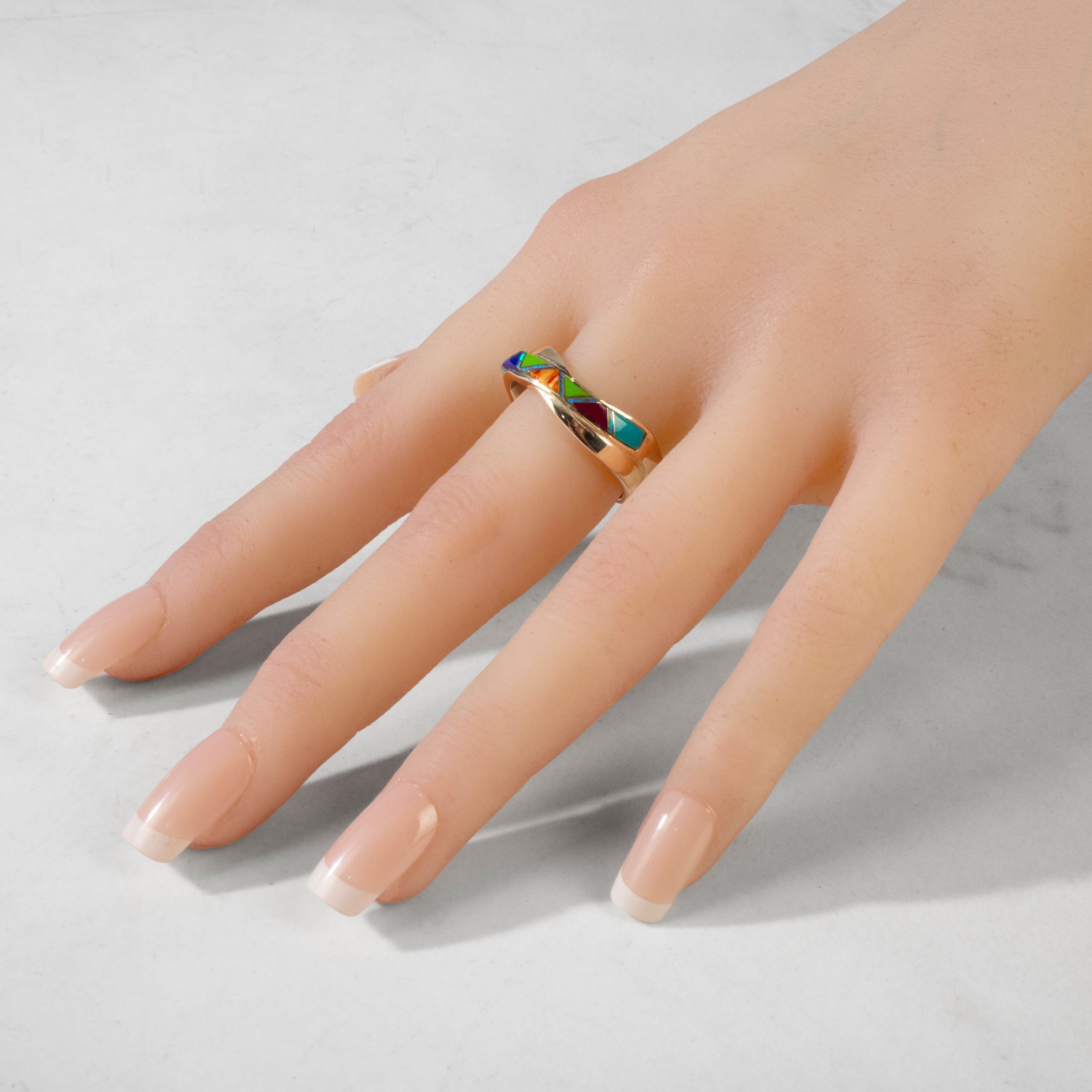 Kalifano Southwest Silver Jewelry Multi Gem Crossover 925 Sterling Silver Ring USA Handmade with Laboratory Opal Accent (Copy)