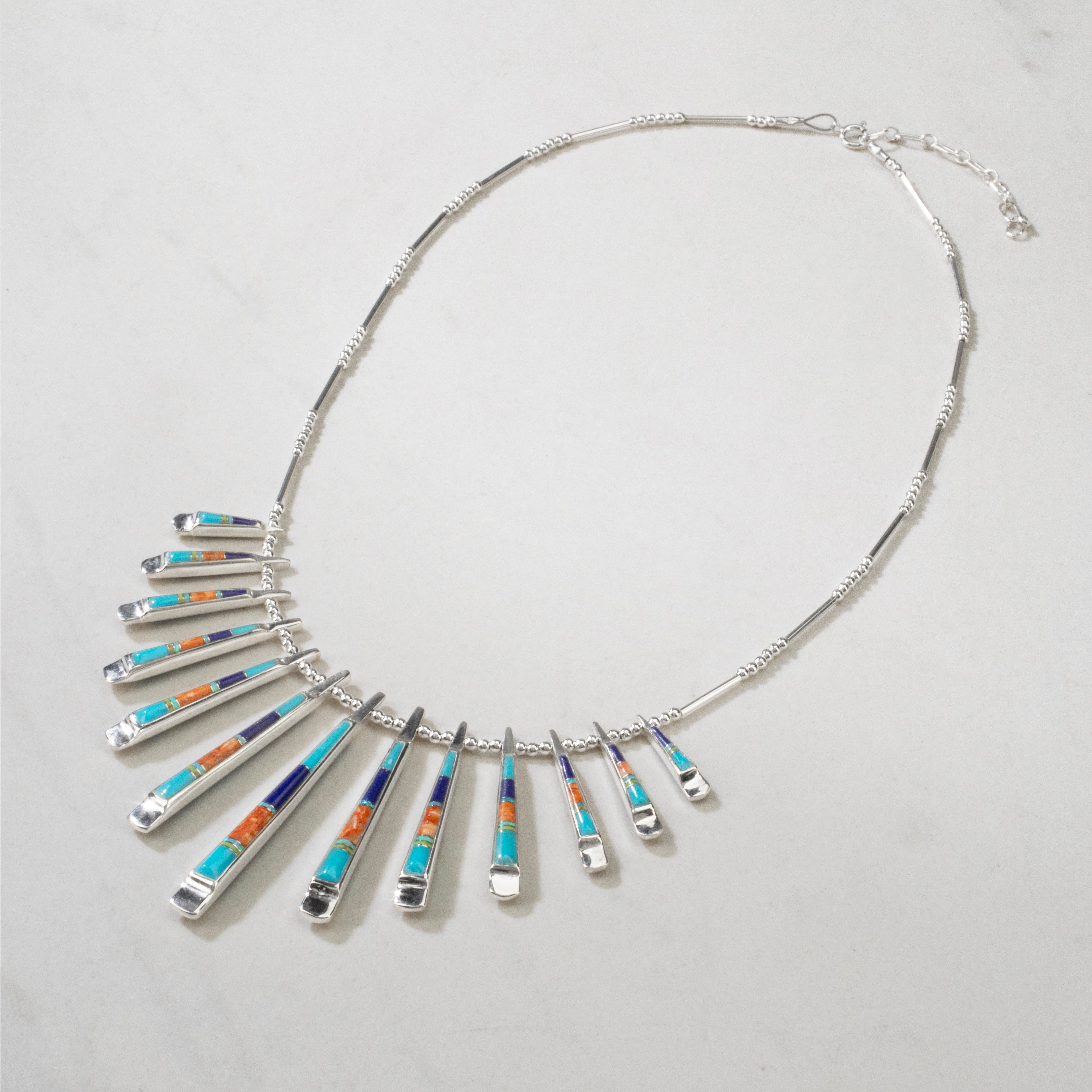 Kalifano Southwest Silver Jewelry Multi Gem & Denim Lapis Reversible USA Handmade 925 Sterling Silver Necklace NMN.0905.MTDL