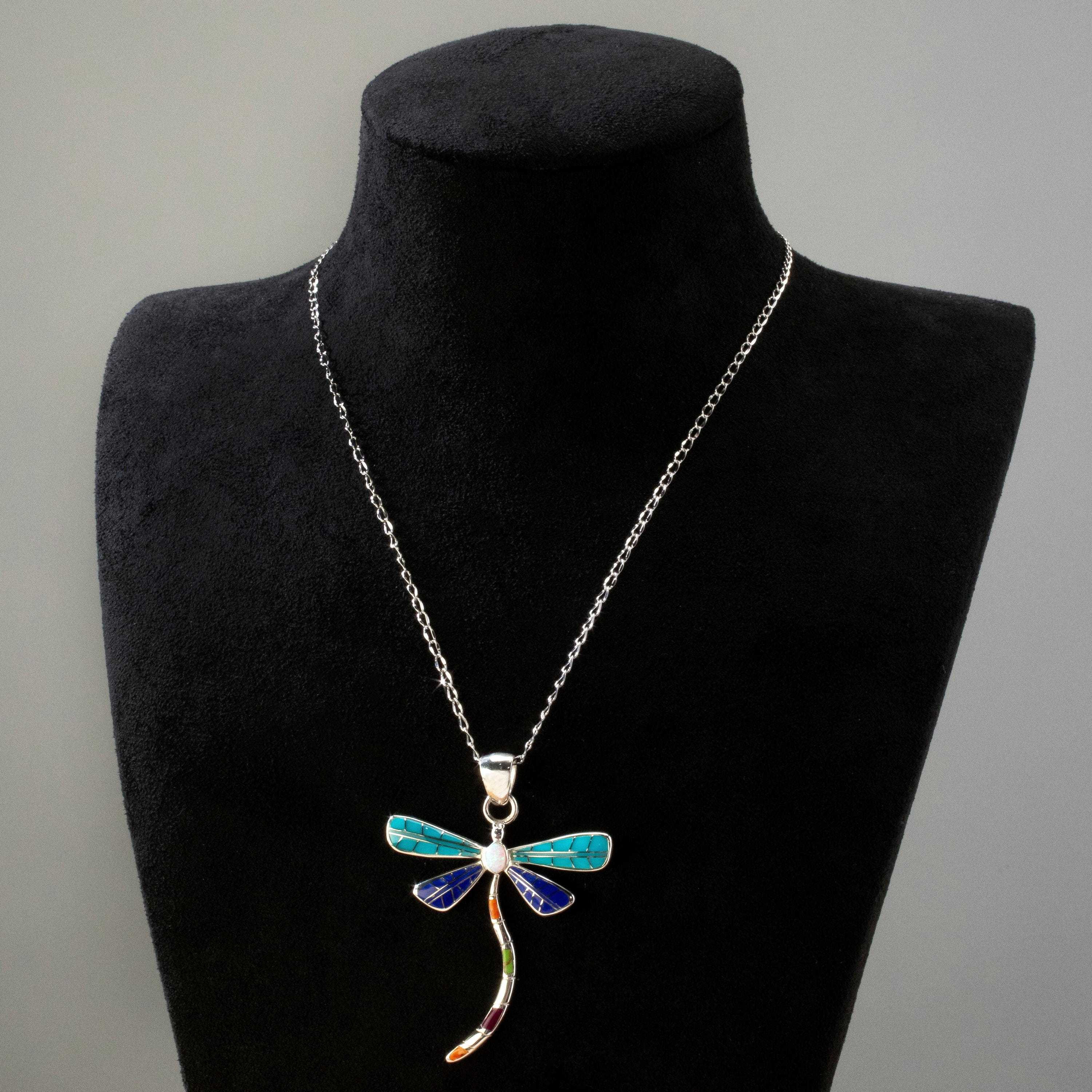 Kalifano Southwest Silver Jewelry Multi Gem Dragonfly 925 Sterling Silver Pendant USA Handmade with Aqua Opal Accent NMN.0893.MT