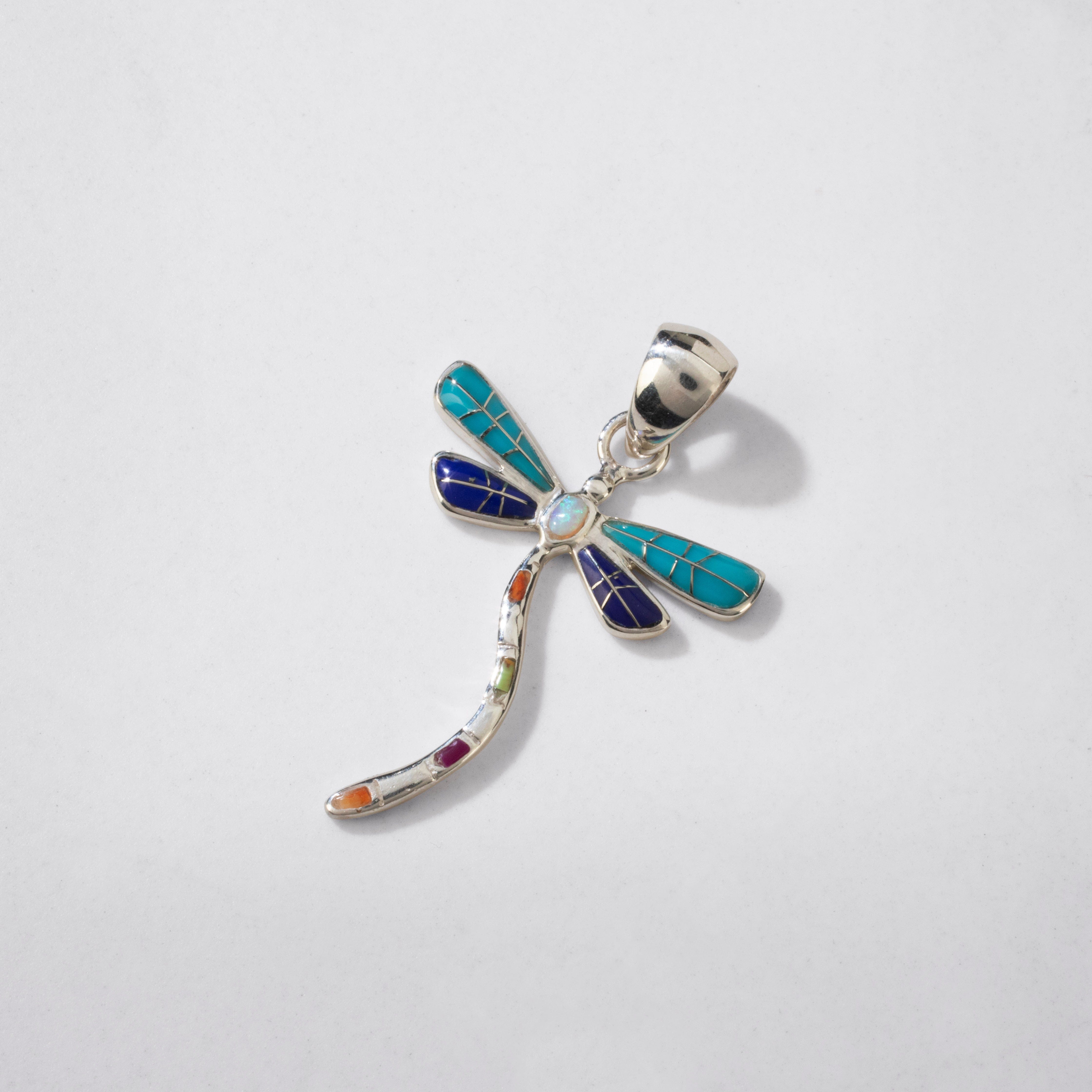 Kalifano Southwest Silver Jewelry Multi Gem Dragonfly USA Handmade 925 Sterling Silver Pendant NMN.0893S.MT