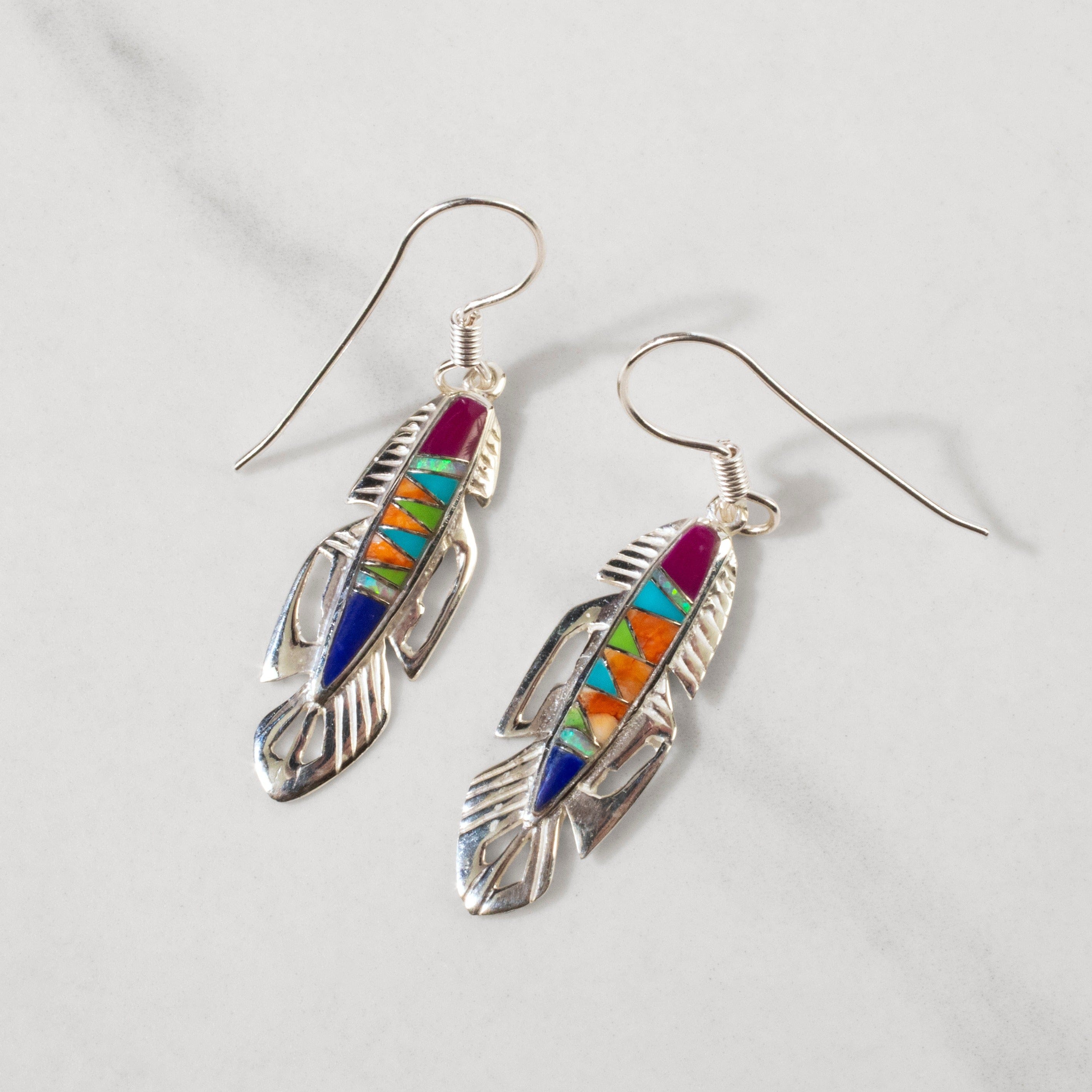 Kalifano Southwest Silver Jewelry Multi Gem Feather 925 Sterling Silver USA Handmade Earring with French Hook NME.2113.MT