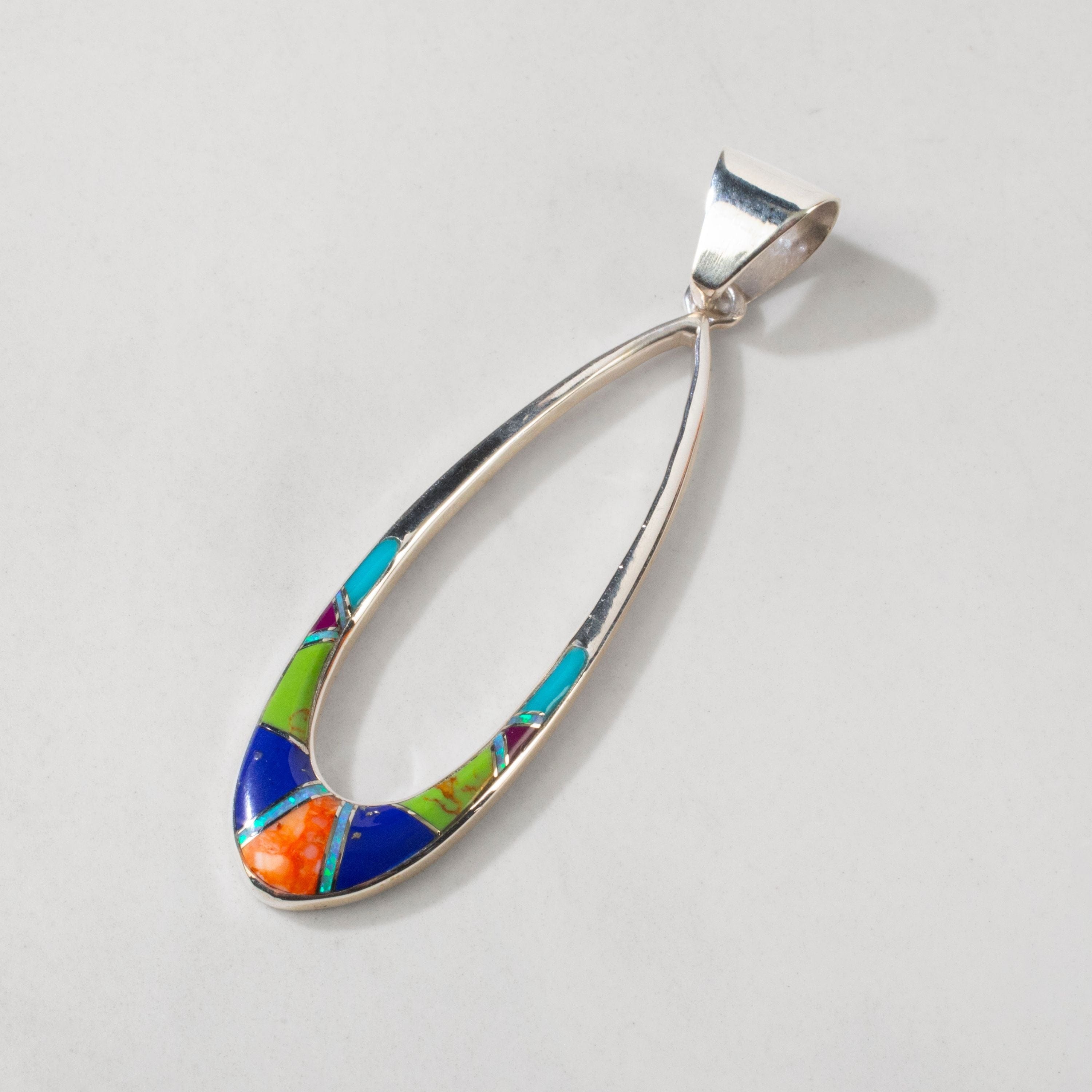 Kalifano Southwest Silver Jewelry Multi Gem Hollow Teardrop 925 Sterling Silver USA Handmade Pendant NMN.2300.MT