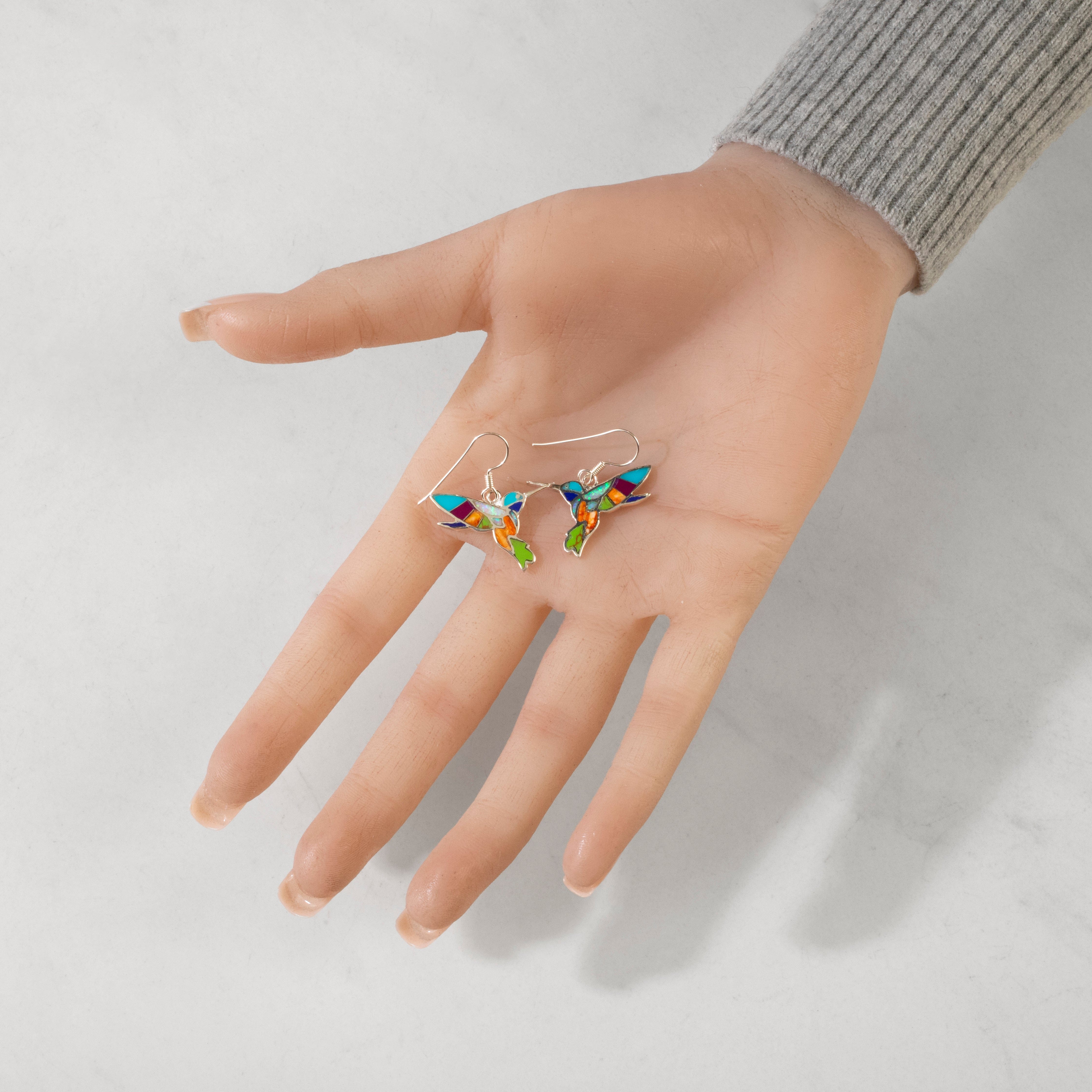 Kalifano Southwest Silver Jewelry Multi Gem Hummingbird 925 Sterling Silver USA Handmade Earrings with French Hook NME.2350.MT