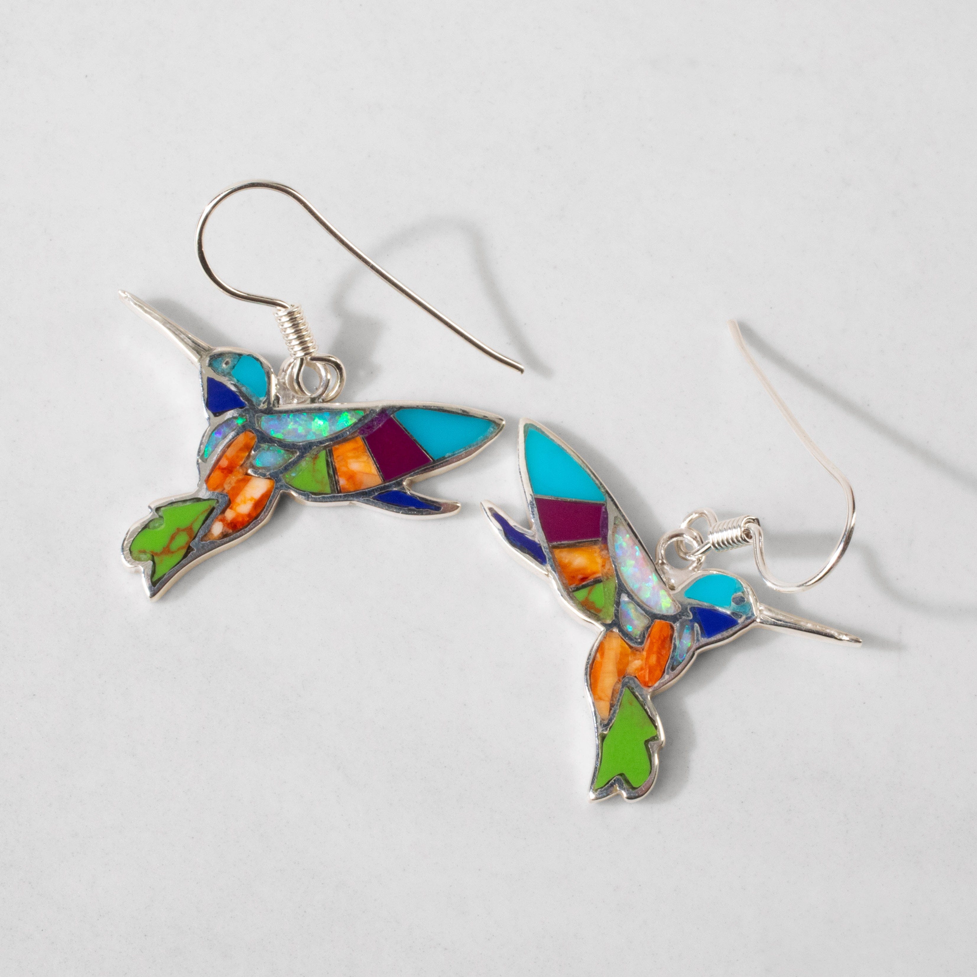 Kalifano Southwest Silver Jewelry Multi Gem Hummingbird 925 Sterling Silver USA Handmade Earrings with French Hook NME.2350.MT
