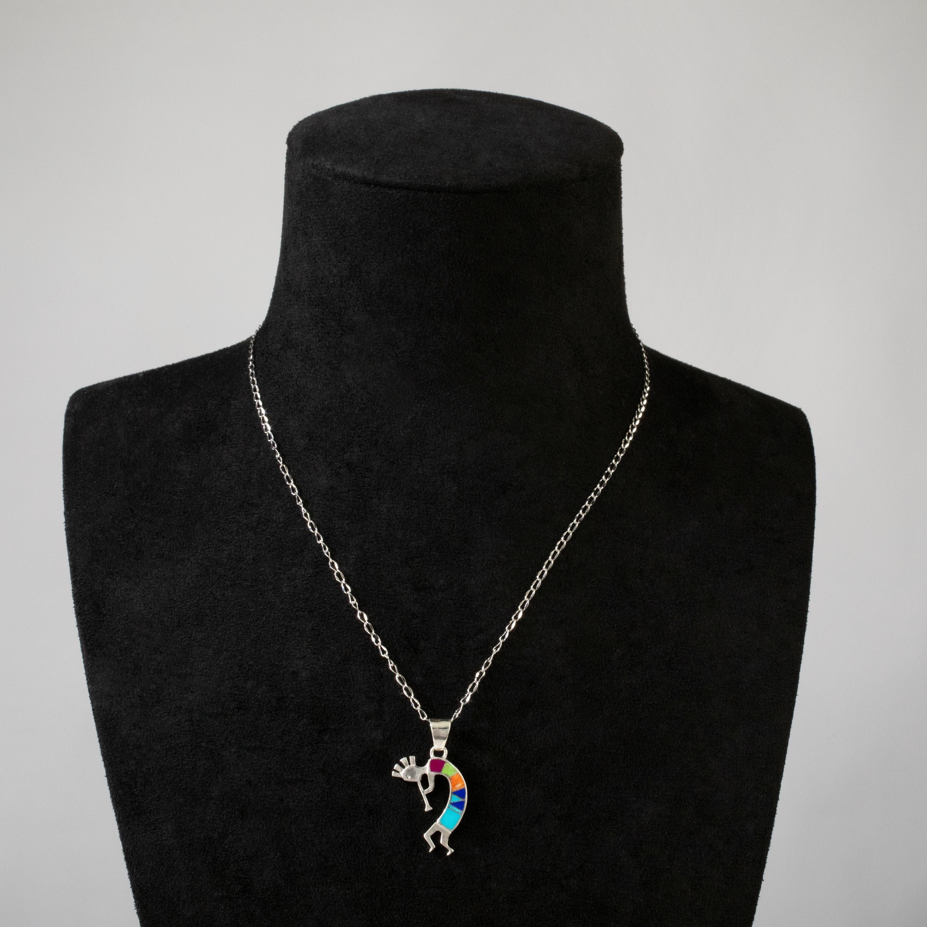 Kalifano Southwest Silver Jewelry Multi Gem Kokopelli USA Handmade 925 Sterling Silver Pendant with Opal Accent NMN.0607.MT