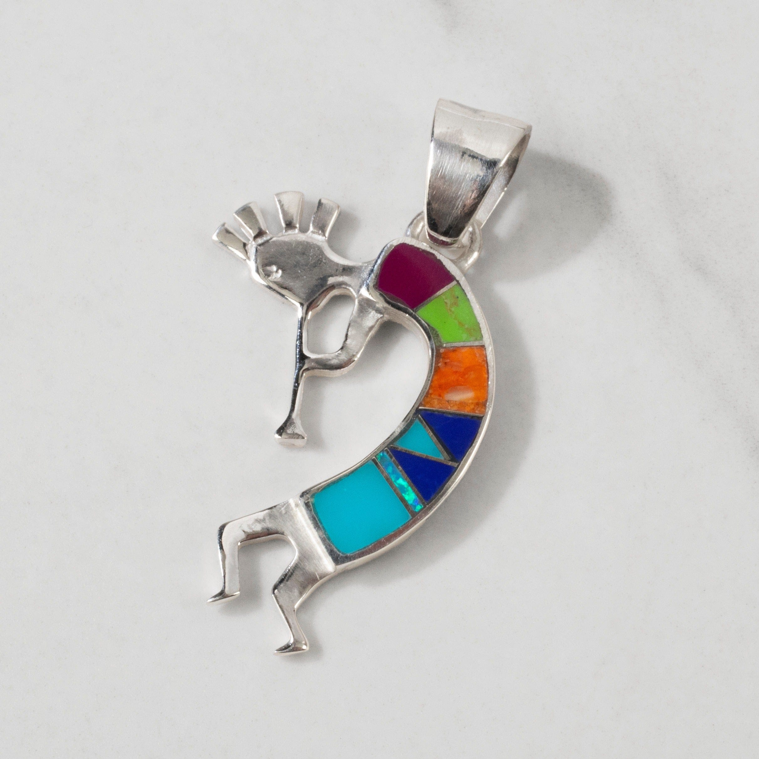 Kalifano Southwest Silver Jewelry Multi Gem Kokopelli USA Handmade 925 Sterling Silver Pendant with Opal Accent NMN.0607.MT