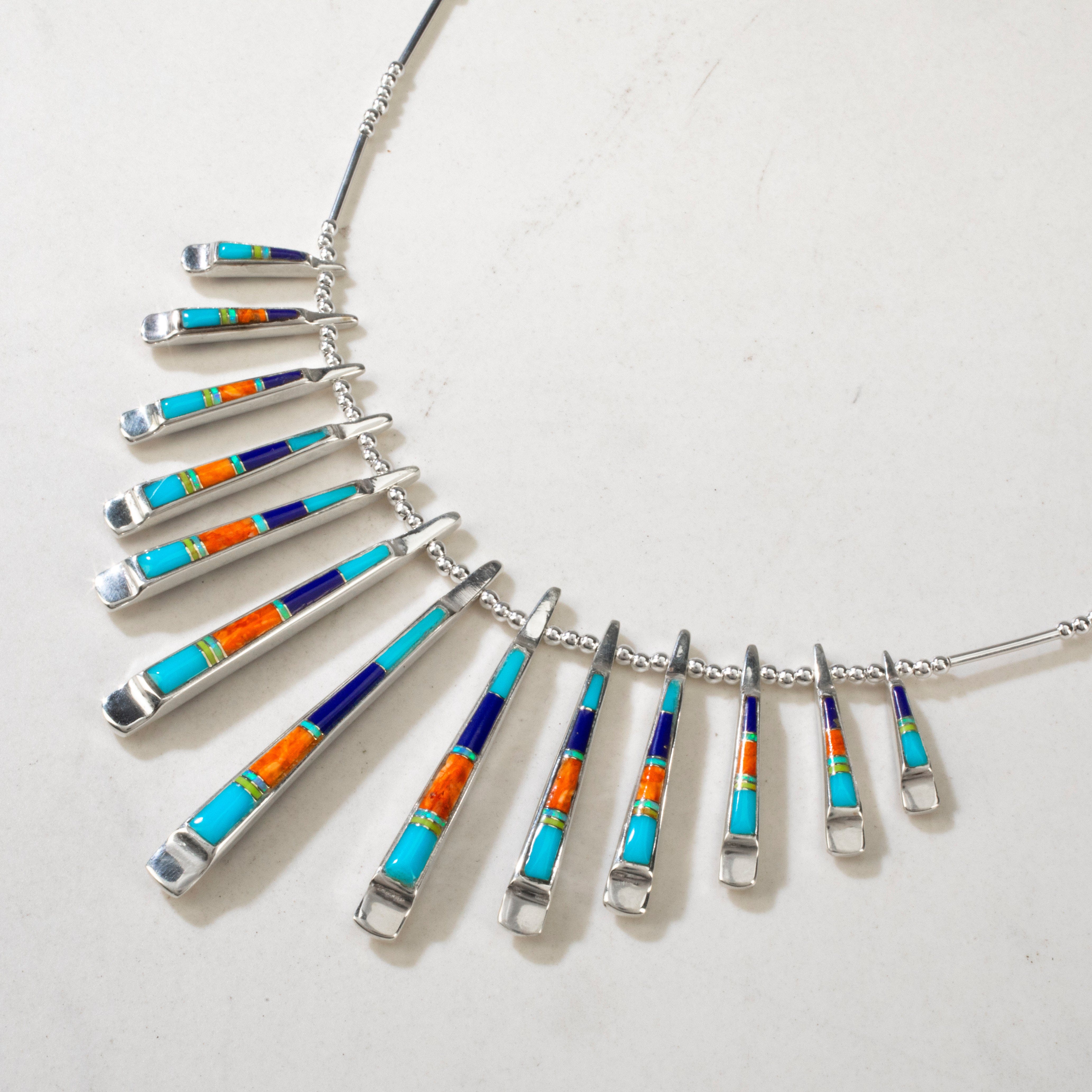 Kalifano Southwest Silver Jewelry Multi Gem & Lapis Reversible USA Handmade 925 Sterling Silver Necklace NMN.0905.MTLP