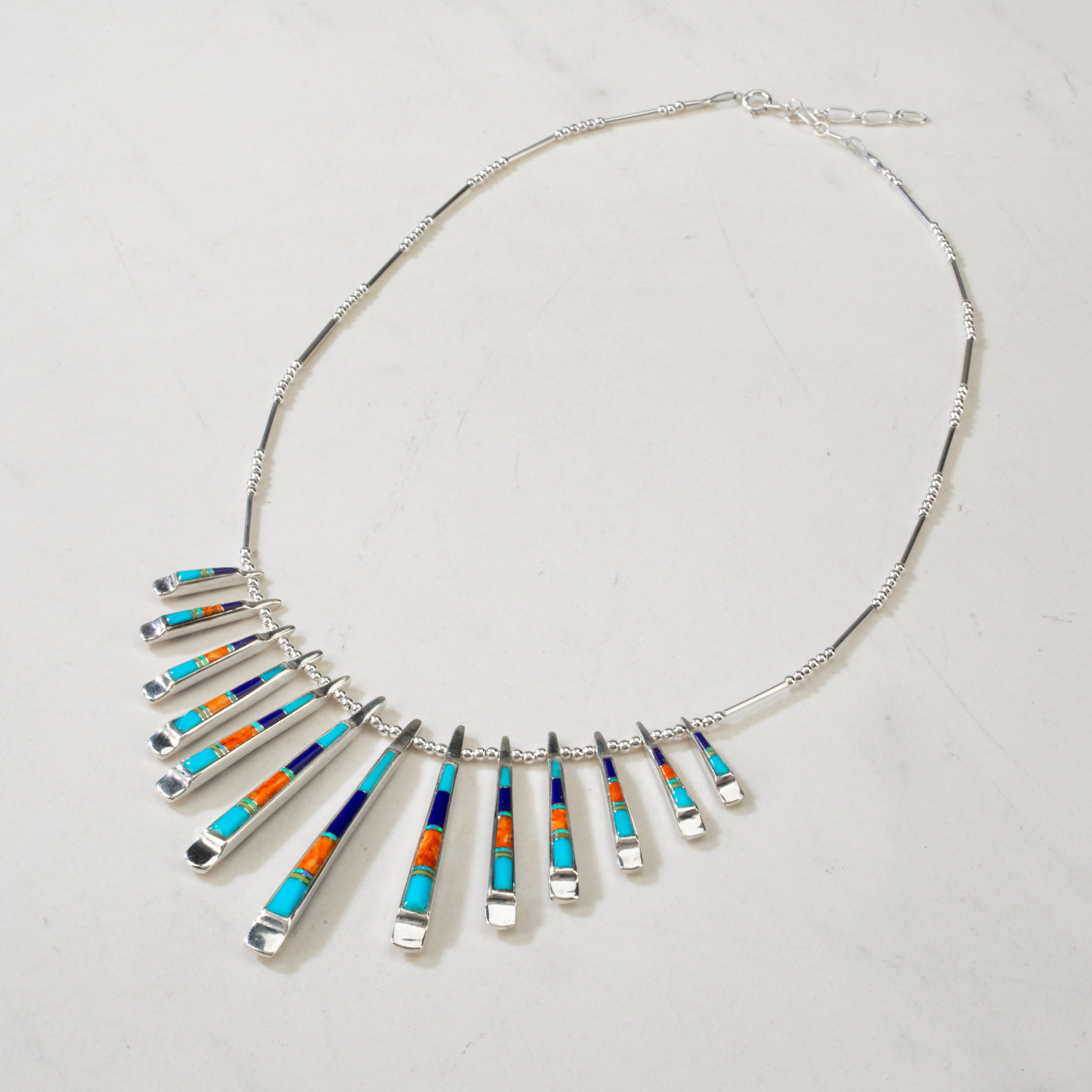 Kalifano Southwest Silver Jewelry Multi Gem & Lapis Reversible USA Handmade 925 Sterling Silver Necklace NMN.0905.MTLP