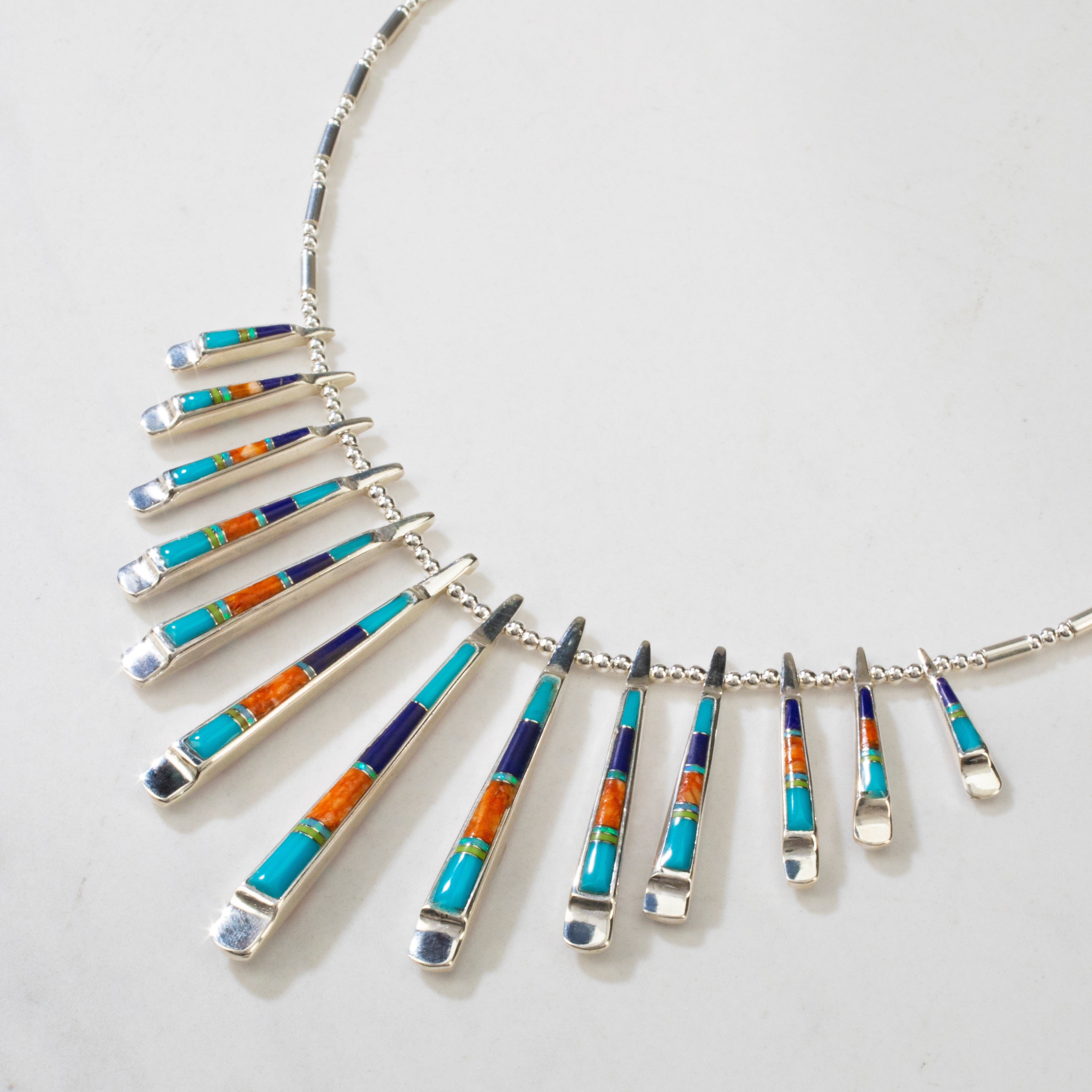Kalifano Southwest Silver Jewelry Multi Gem & Spiny Oyster Shell Reversible USA Handmade 925 Sterling Silver Necklace NMN.0905.MTSP