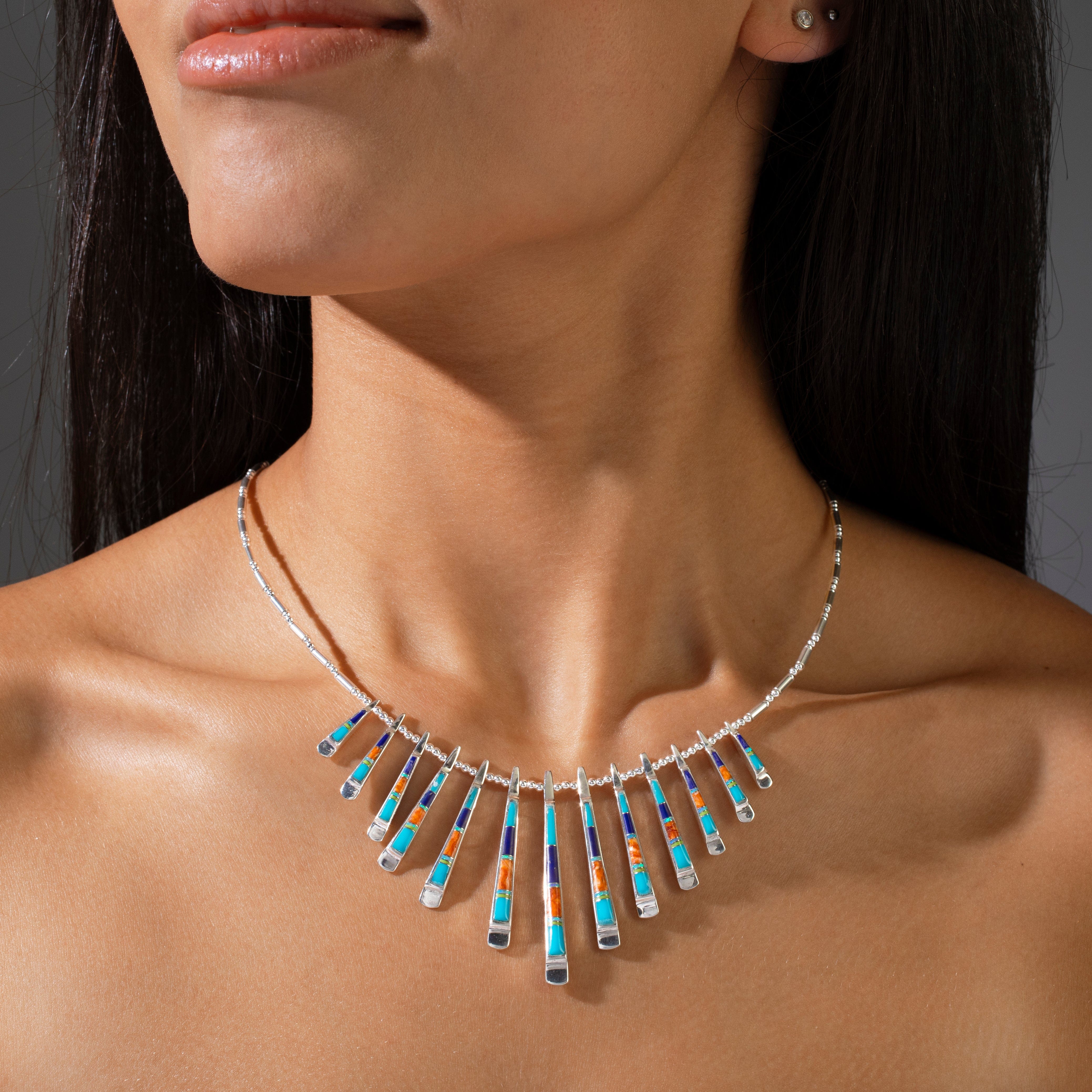 Kalifano Southwest Silver Jewelry Multi Gem & Spiny Oyster Shell Reversible USA Handmade 925 Sterling Silver Necklace NMN.0905.MTSP