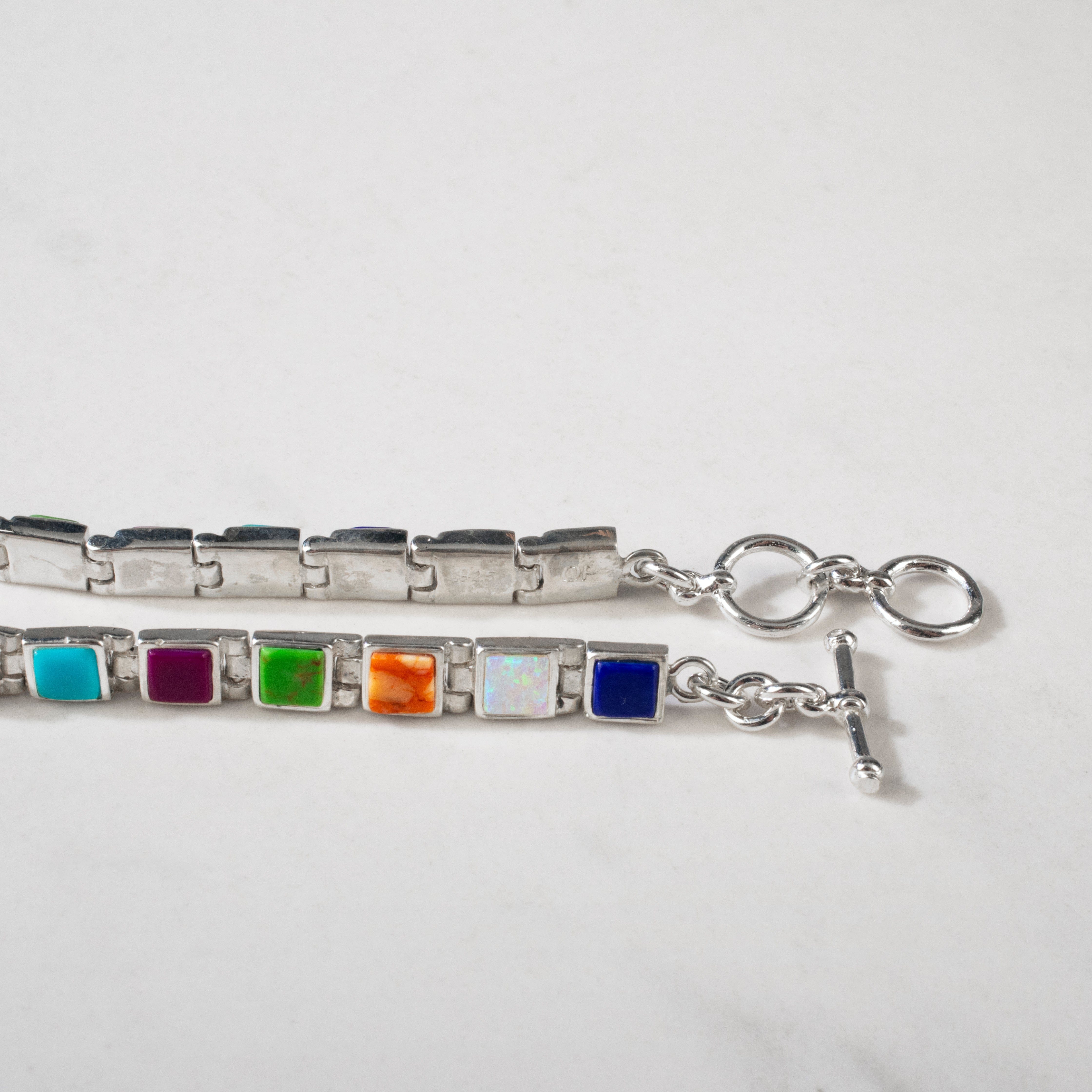 Kalifano Southwest Silver Jewelry Multi Gem Square 925 Sterling Silver Bracelet NMB.0213.MT