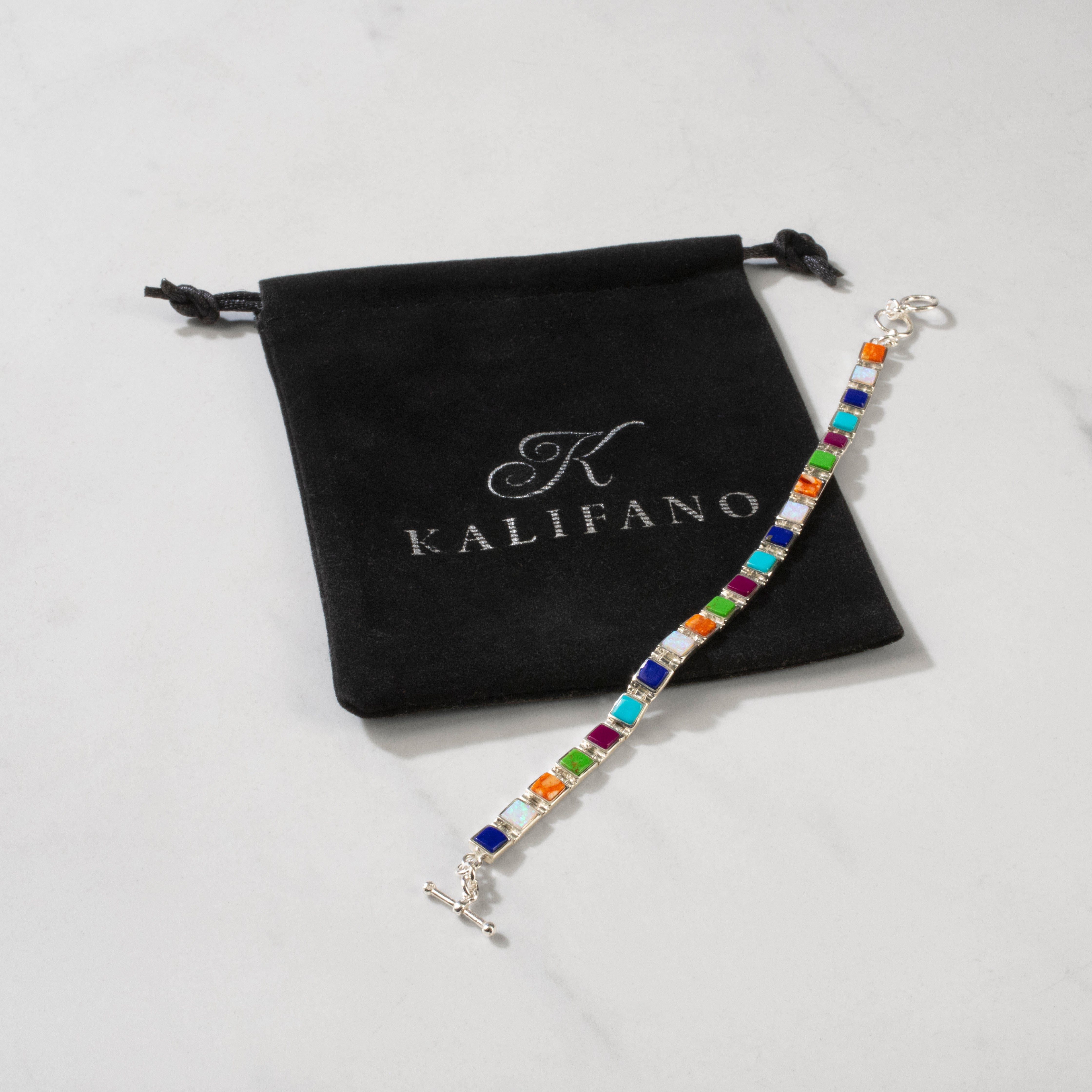 Kalifano Southwest Silver Jewelry Multi Gem Square 925 Sterling Silver Bracelet NMB.0213.MT