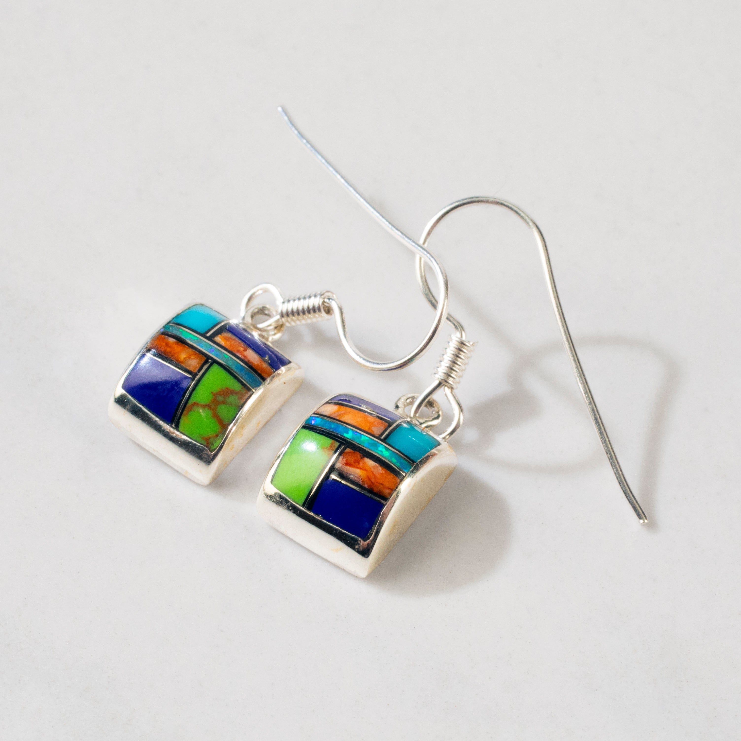 Kalifano Southwest Silver Jewelry Multi Gem Square 925 Sterling Silver USA Handmade Earring with French Hook NME.1116.MT