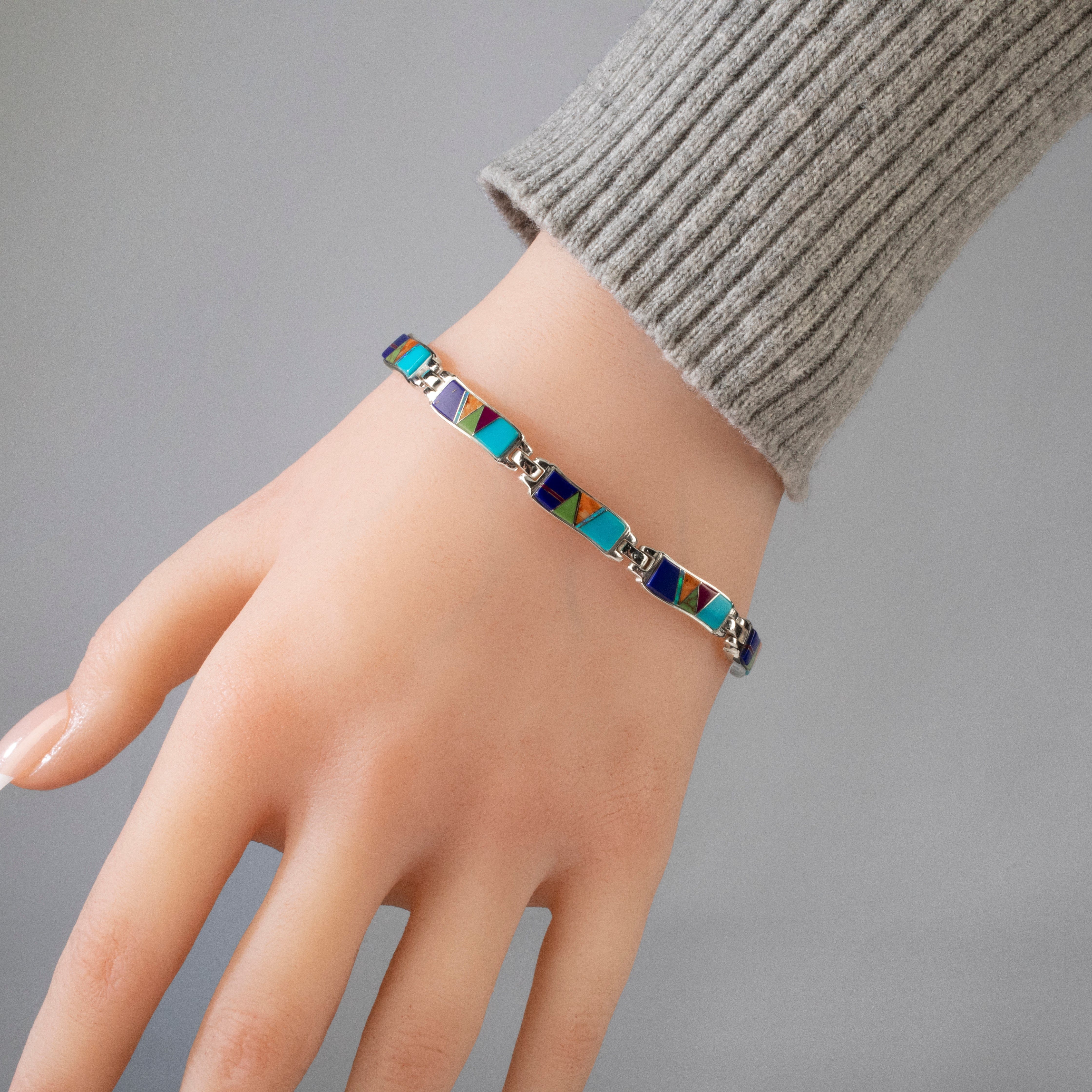 Kalifano Southwest Silver Jewelry Multi Gem Wavy 925 Sterling Silver Bracelet USA Handmade with Opal Accent NMB.0764.MT