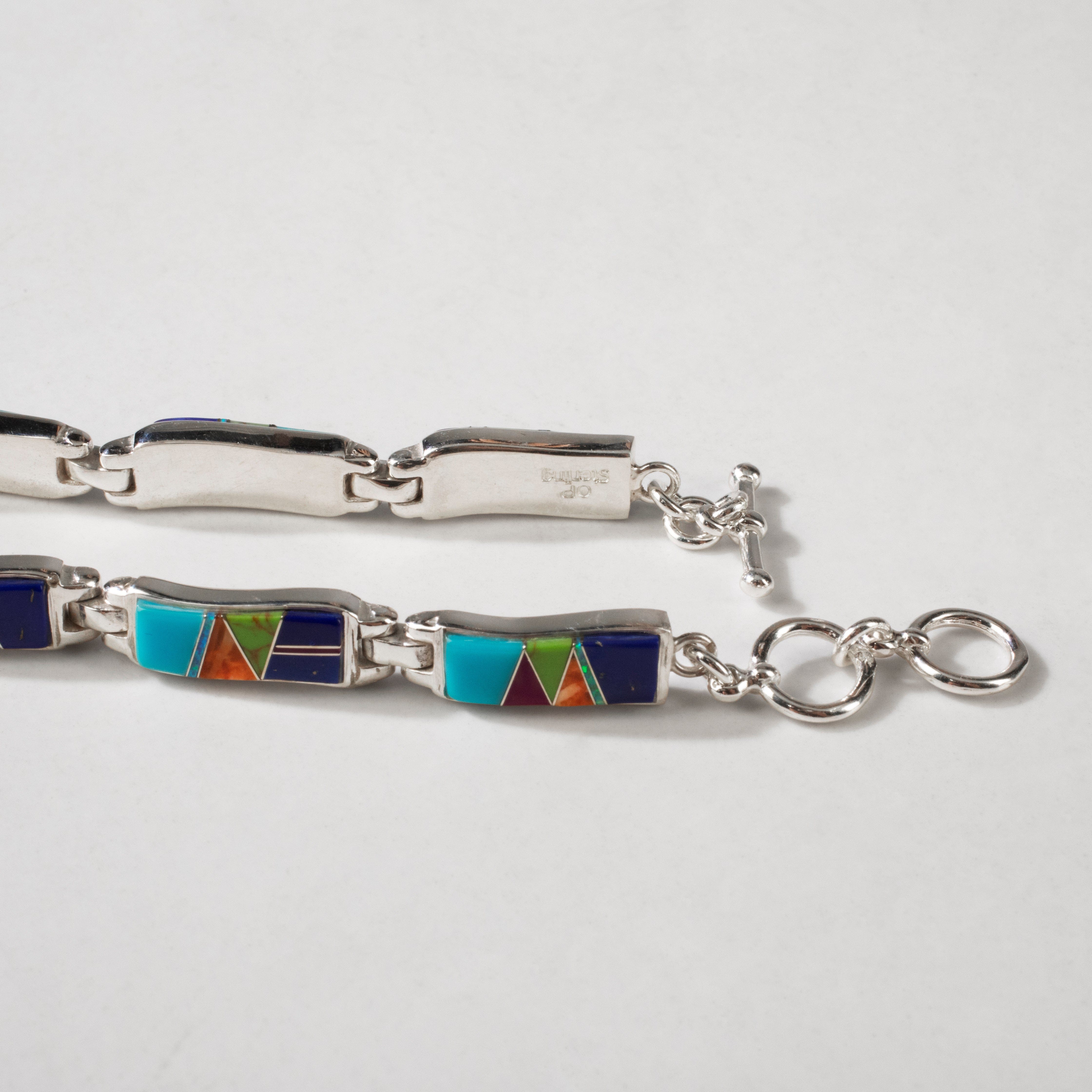 Kalifano Southwest Silver Jewelry Multi Gem Wavy 925 Sterling Silver Bracelet USA Handmade with Opal Accent NMB.0764.MT
