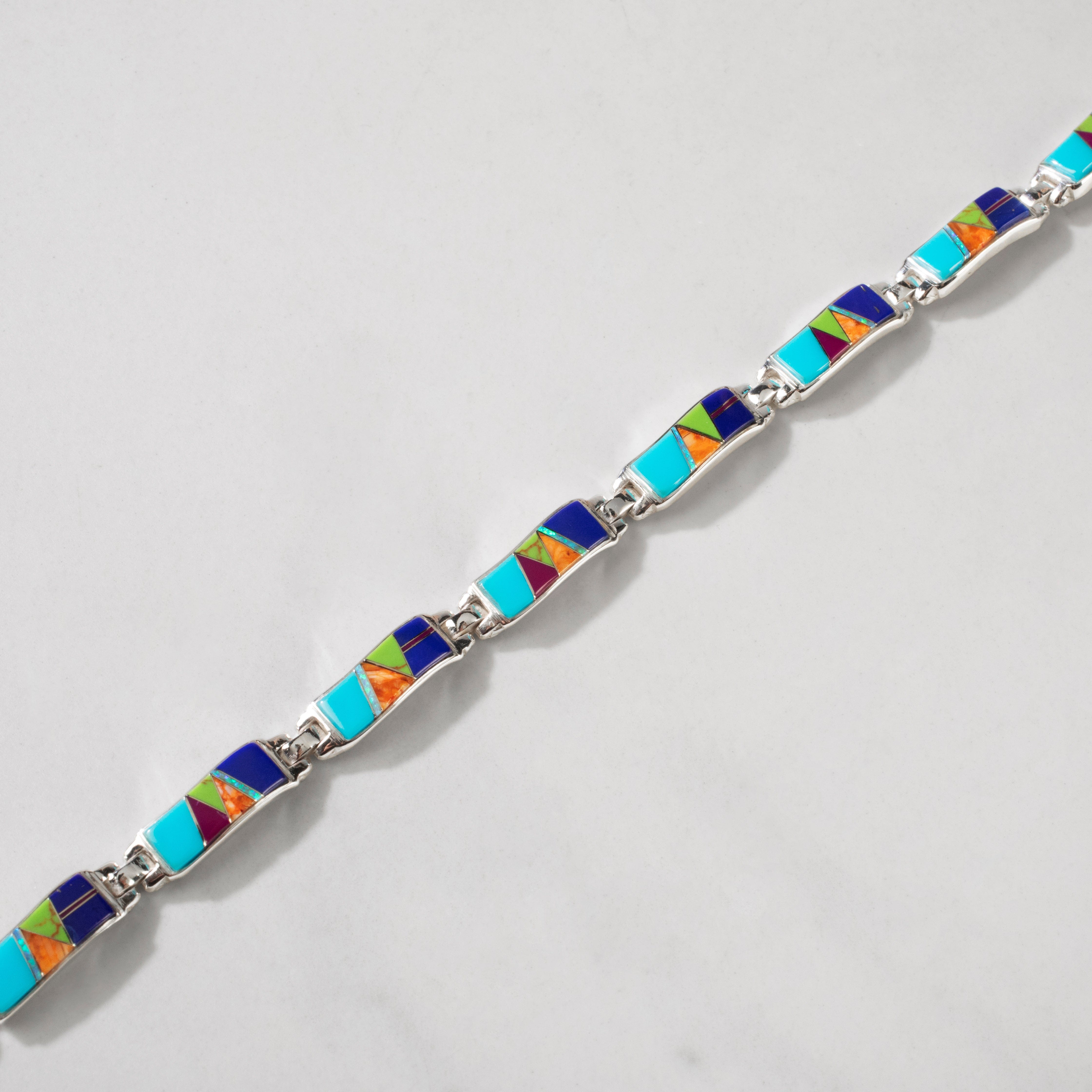 Kalifano Southwest Silver Jewelry Multi Gem Wavy 925 Sterling Silver Bracelet USA Handmade with Opal Accent NMB.0764.MT