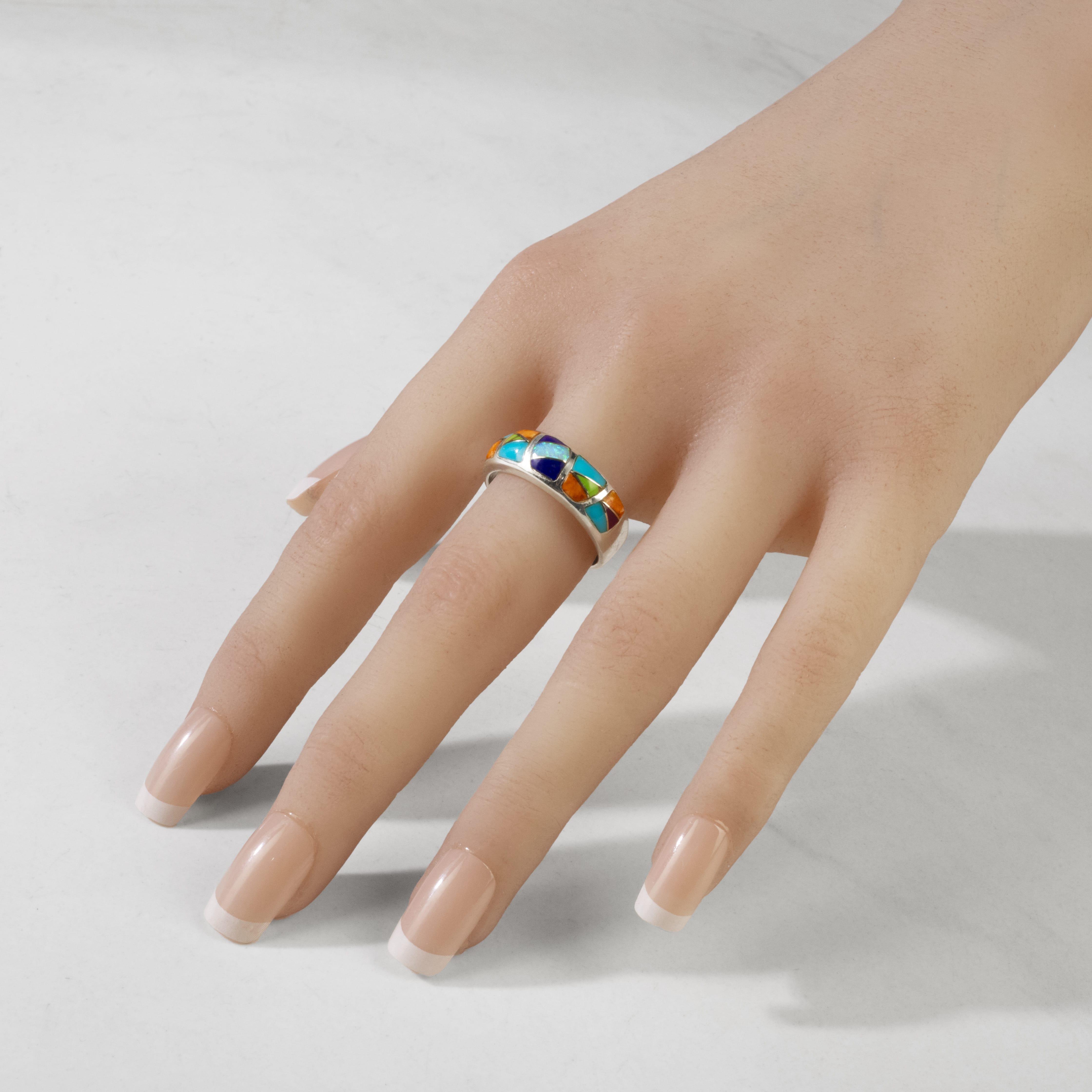 Kalifano Southwest Silver Jewelry Multi Gemstone 925 Sterling Silver Ring Handmade with Laboratory Opal Accent