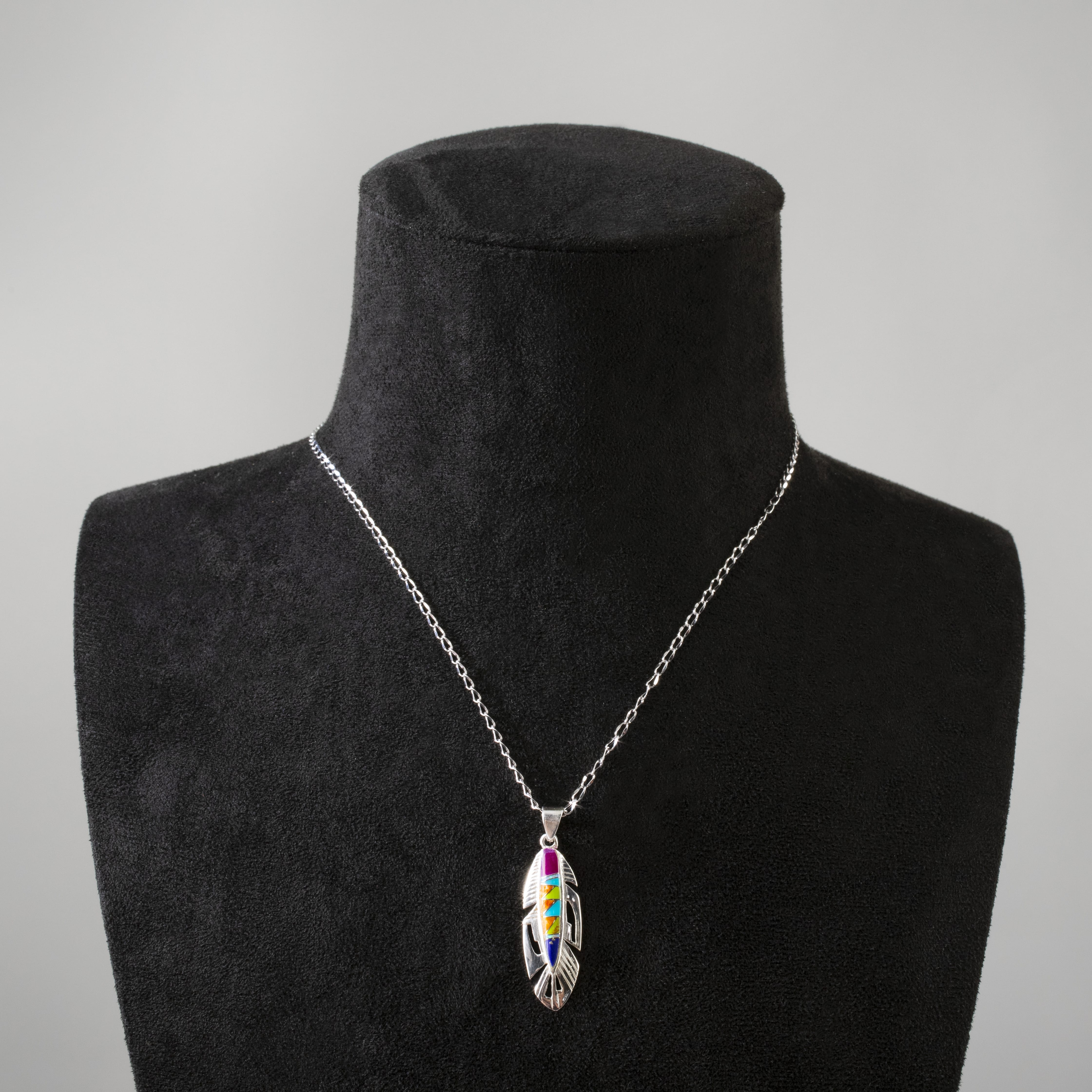 Kalifano Southwest Silver Jewelry Multi Gemstone Feather 925 Sterling Silver Pendant USA Handmade with Opal Accent NMN.2113.MT