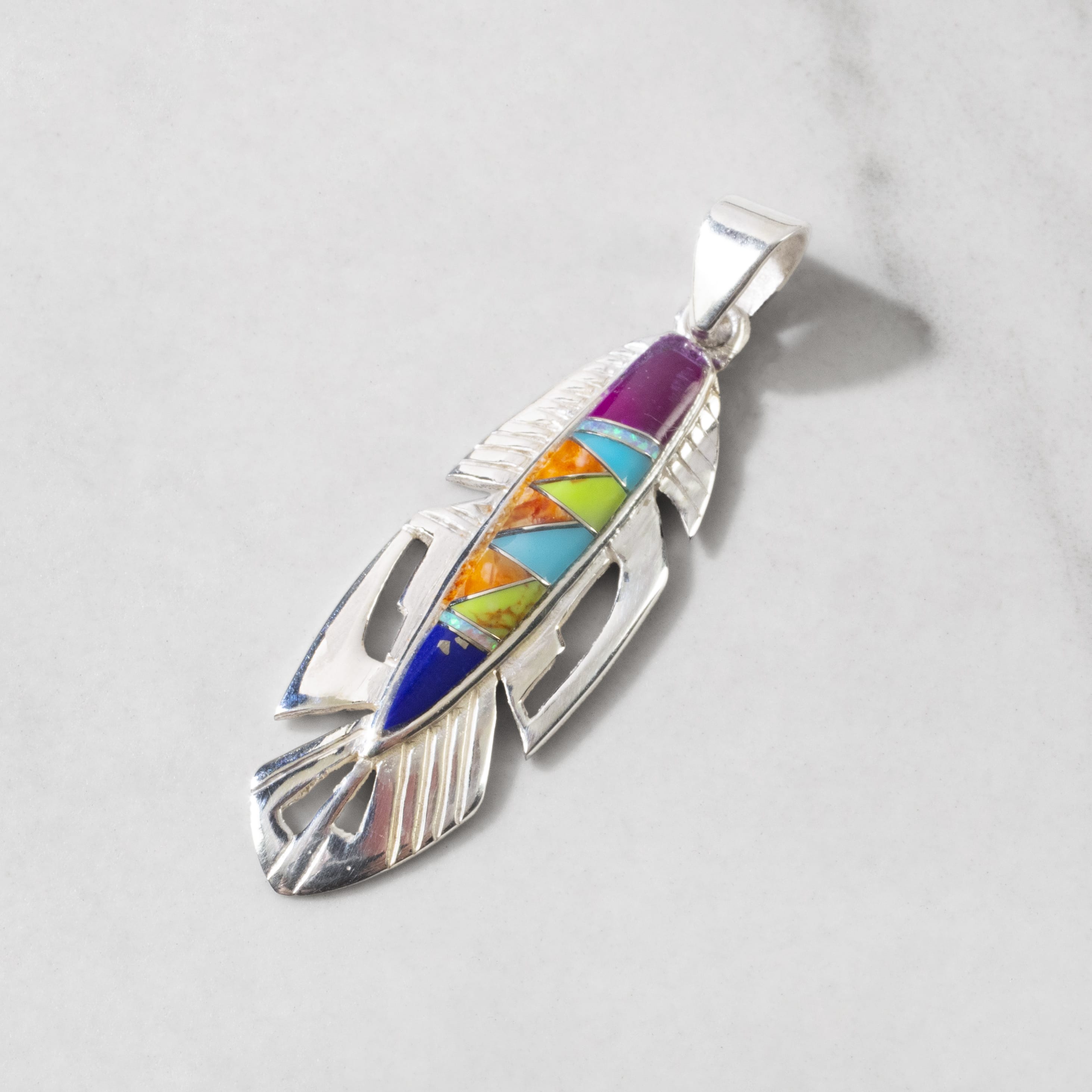 Kalifano Southwest Silver Jewelry Multi Gemstone Feather 925 Sterling Silver Pendant USA Handmade with Opal Accent NMN.2113.MT