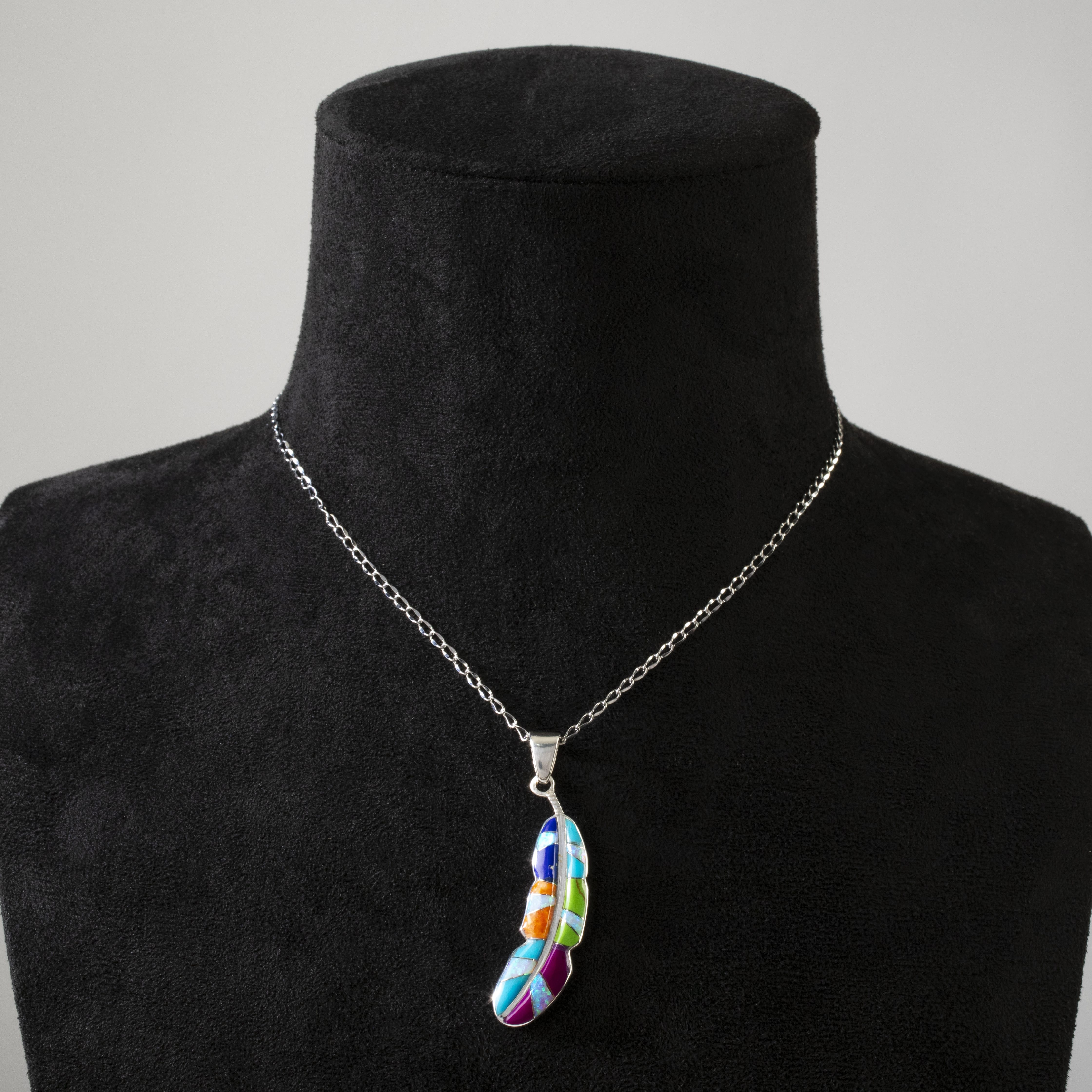 Kalifano Southwest Silver Jewelry Multi Gemstone Feather 925 Sterling Silver Pendant USA Handmade with Opal Accent NMN.2312.MT