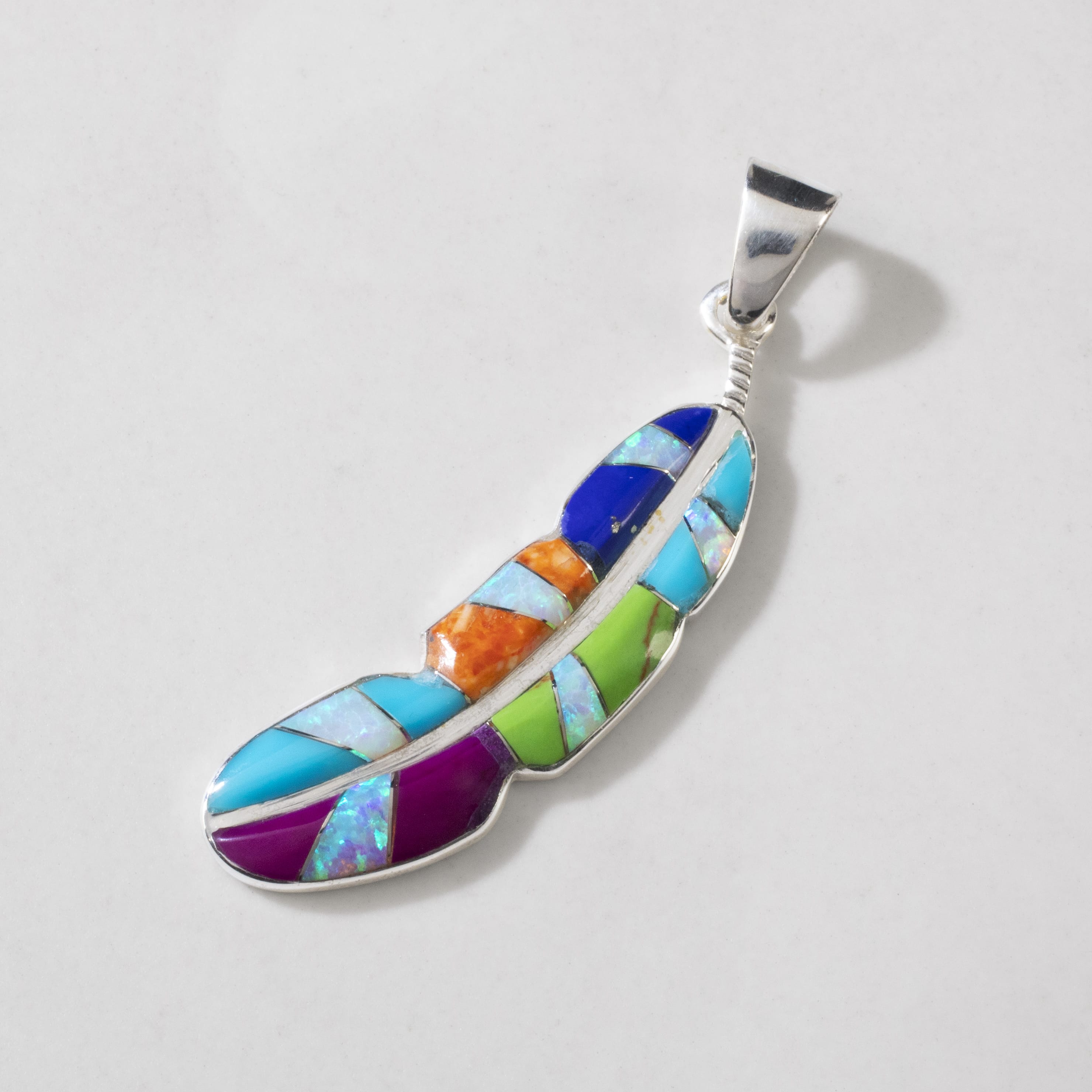 Kalifano Southwest Silver Jewelry Multi Gemstone Feather 925 Sterling Silver Pendant USA Handmade with Opal Accent NMN.2312.MT