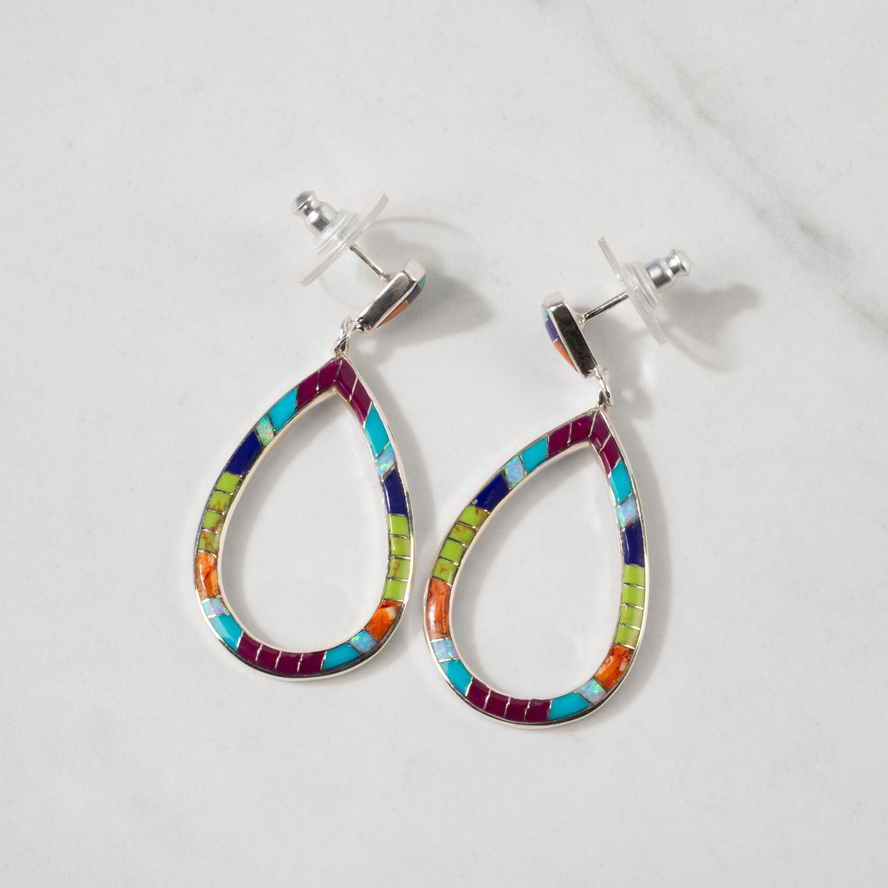 Kalifano Southwest Silver Jewelry Multi Gemstone Hollow Teardrop 925 Sterling Silver USA Handmade Earrings with Stud Backing NME.2295.MT
