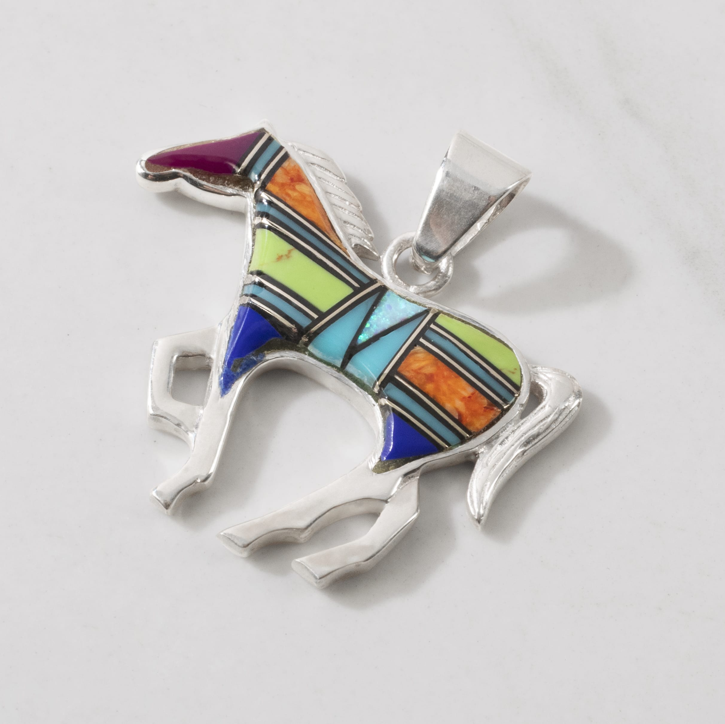 Kalifano Southwest Silver Jewelry Multi Gemstone Horse Handmade with Sterling Silver Pendant and Opal Accent NMN.1089.MT
