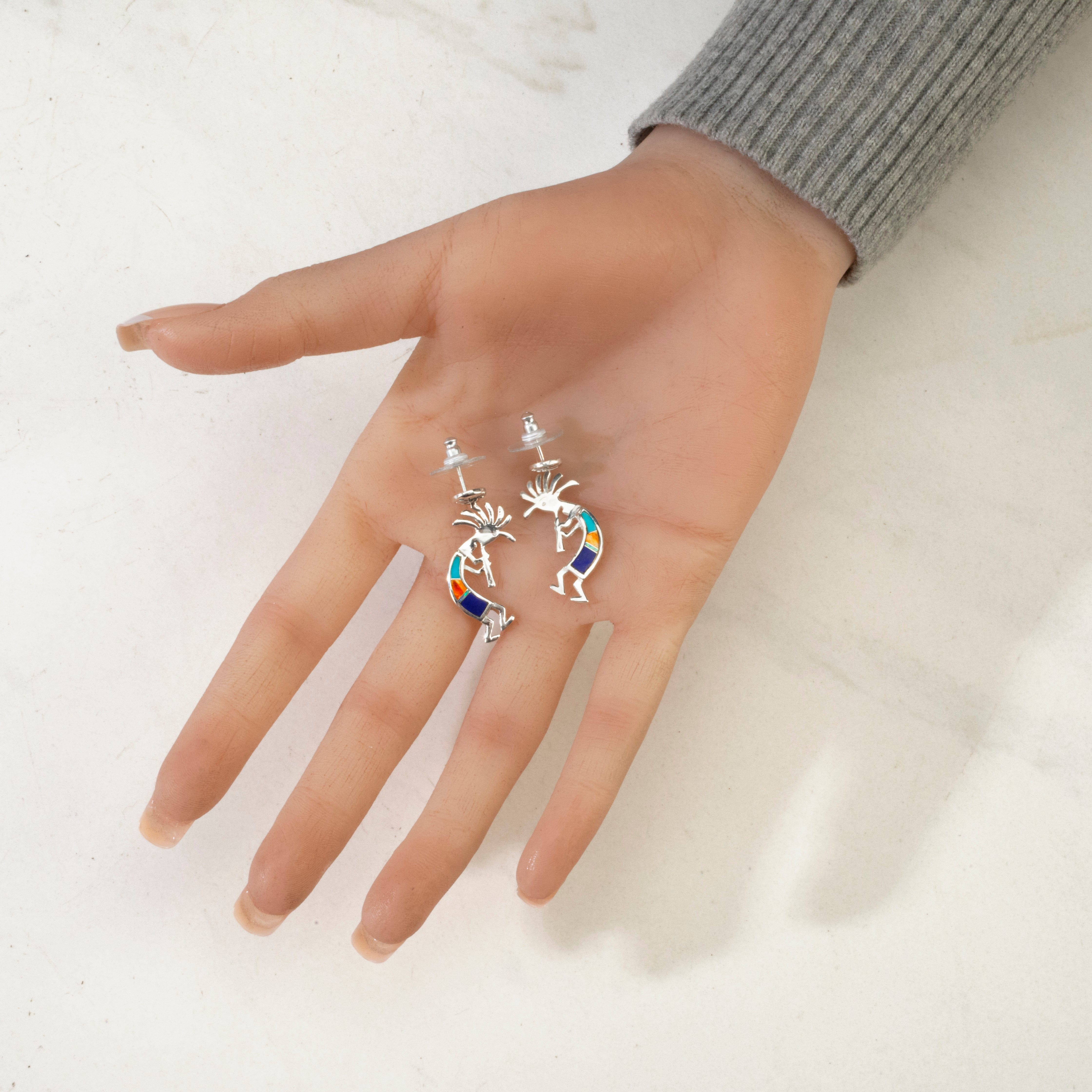 Kalifano Southwest Silver Jewelry Multi Gemstone Kokopelli USA Handmade 925 Sterling Silver Earrings with Stud Backing NME.0441.MT