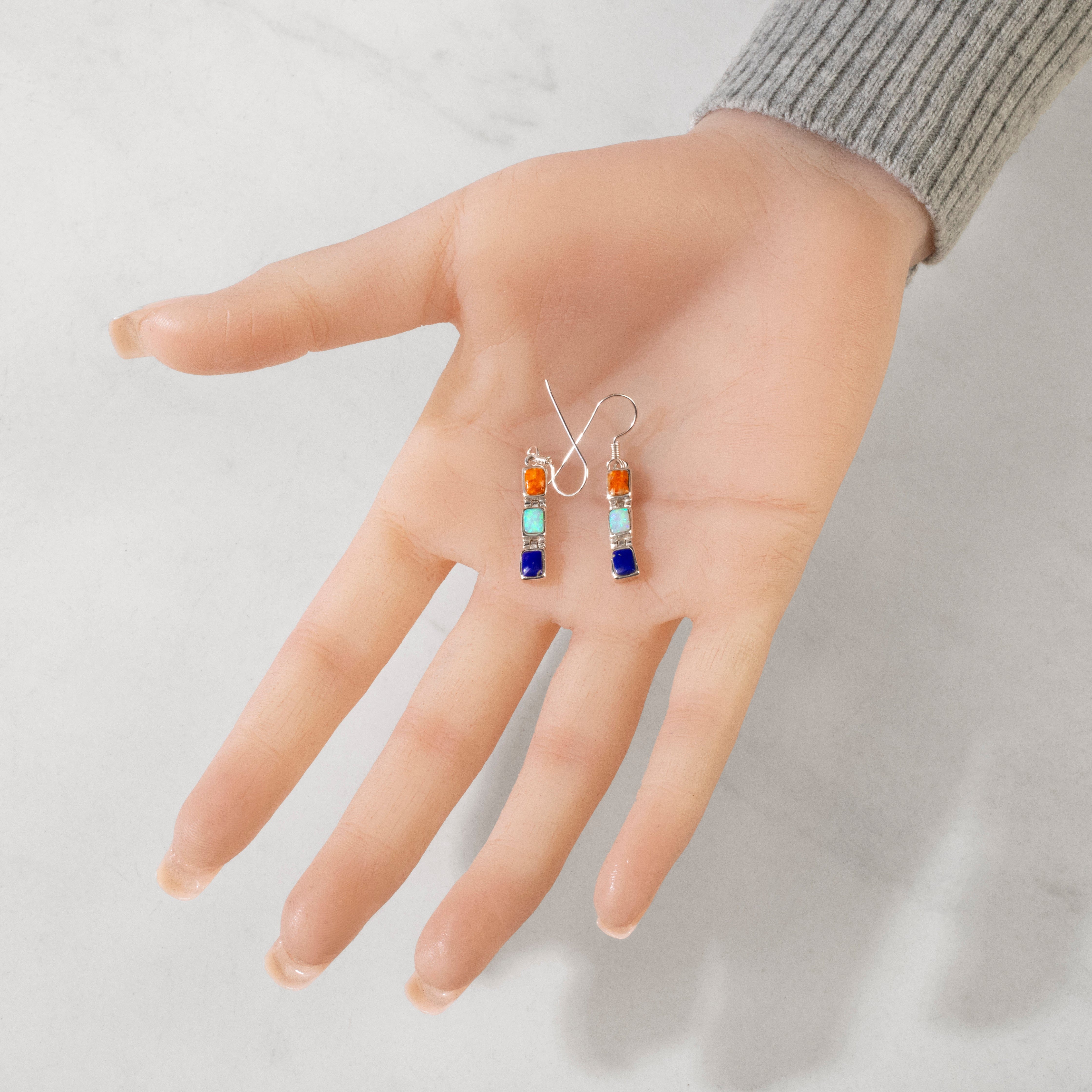 Kalifano Southwest Silver Jewelry Multi Gemstone Rectangle 925 Sterling Silver USA Handmade Earrings with French Hook Backing NME.0207.MT