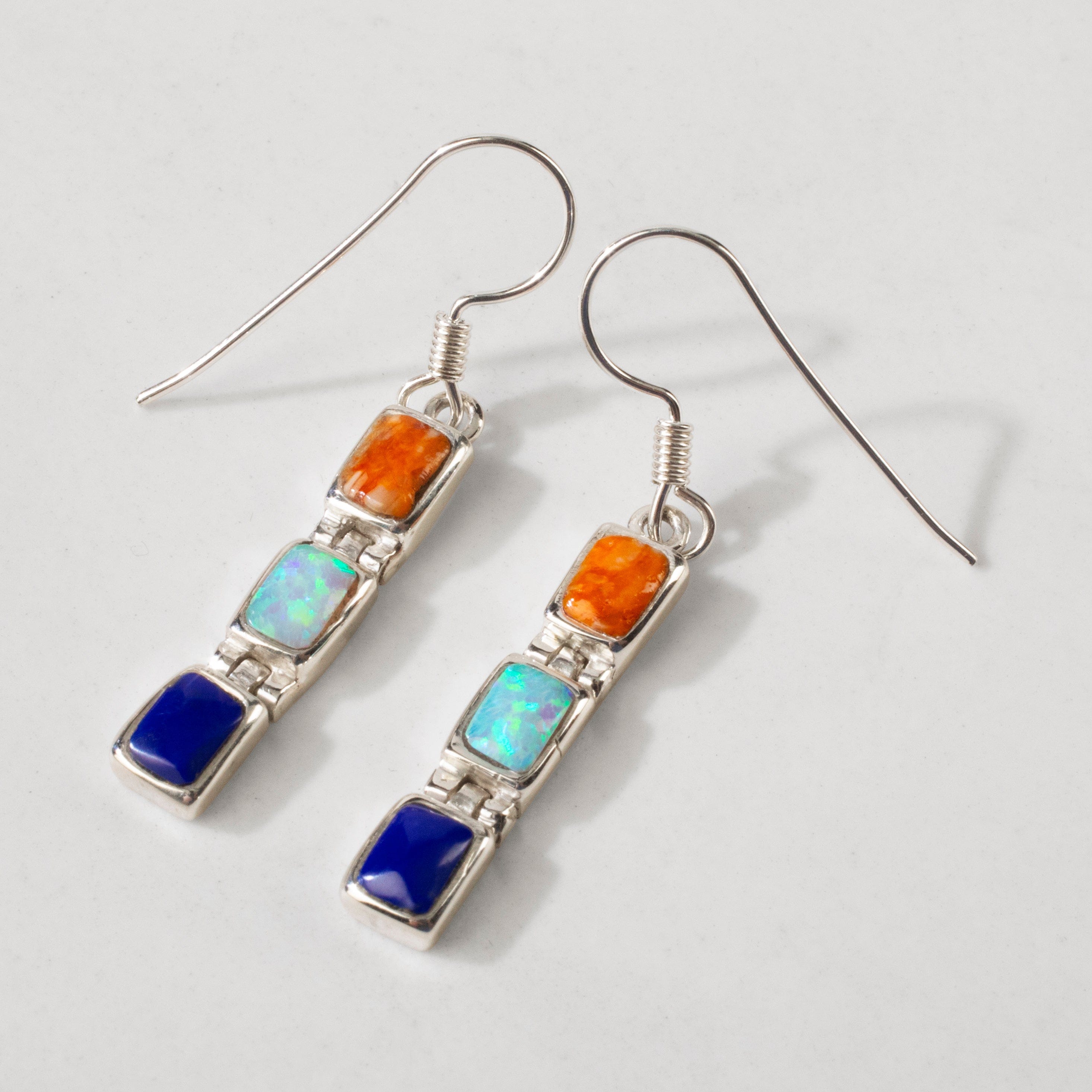 Kalifano Southwest Silver Jewelry Multi Gemstone Rectangle 925 Sterling Silver USA Handmade Earrings with French Hook Backing NME.0207.MT