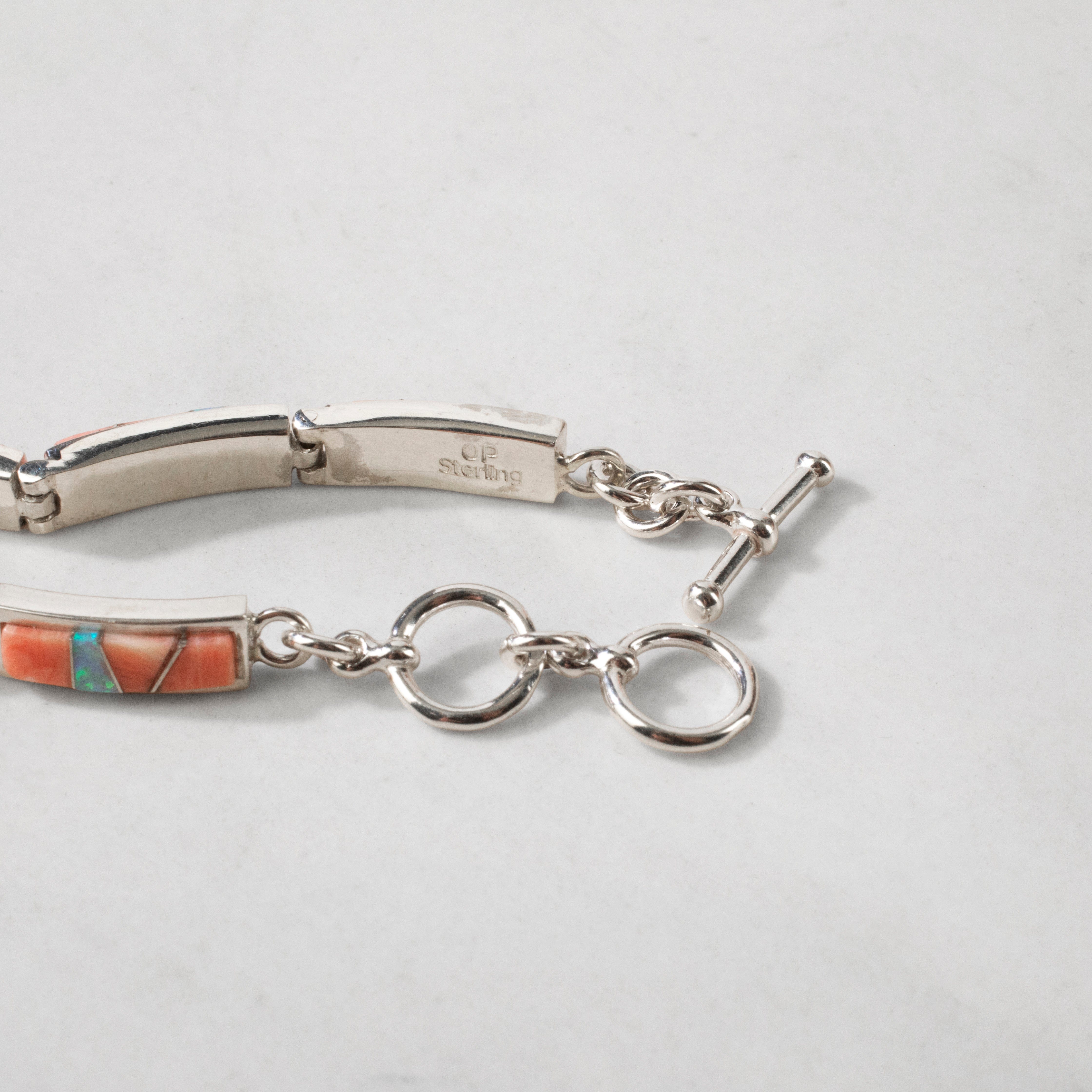 Kalifano Southwest Silver Jewelry Pink Conch Shell 925 Sterling Silver Bracelet USA Handmade with Opal Accent NMB.0560.PC