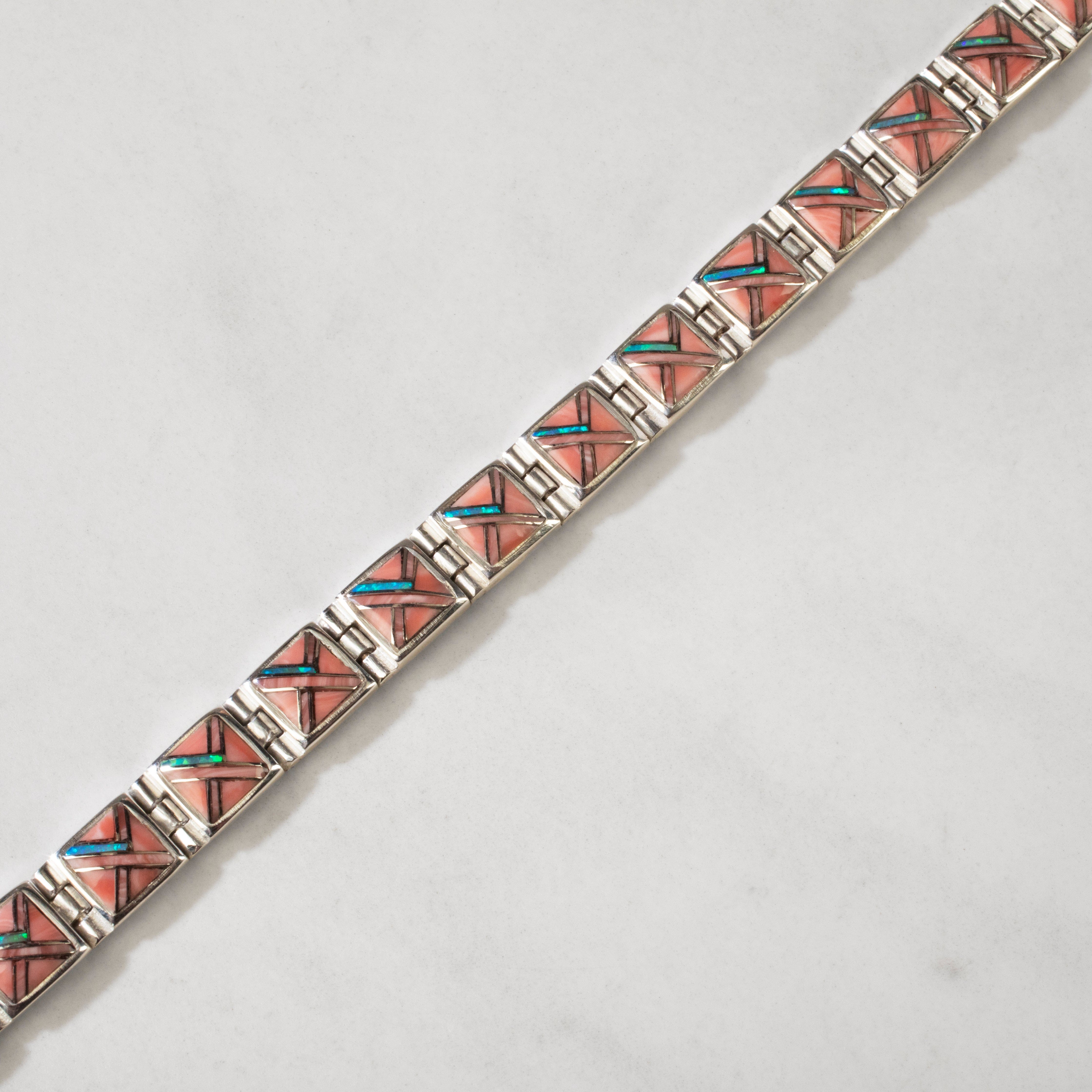 Kalifano Southwest Silver Jewelry Pink Conch Shell Square 925 Sterling Silver Bracelet USA Handmade with Opal Accent NMB.0245.PC