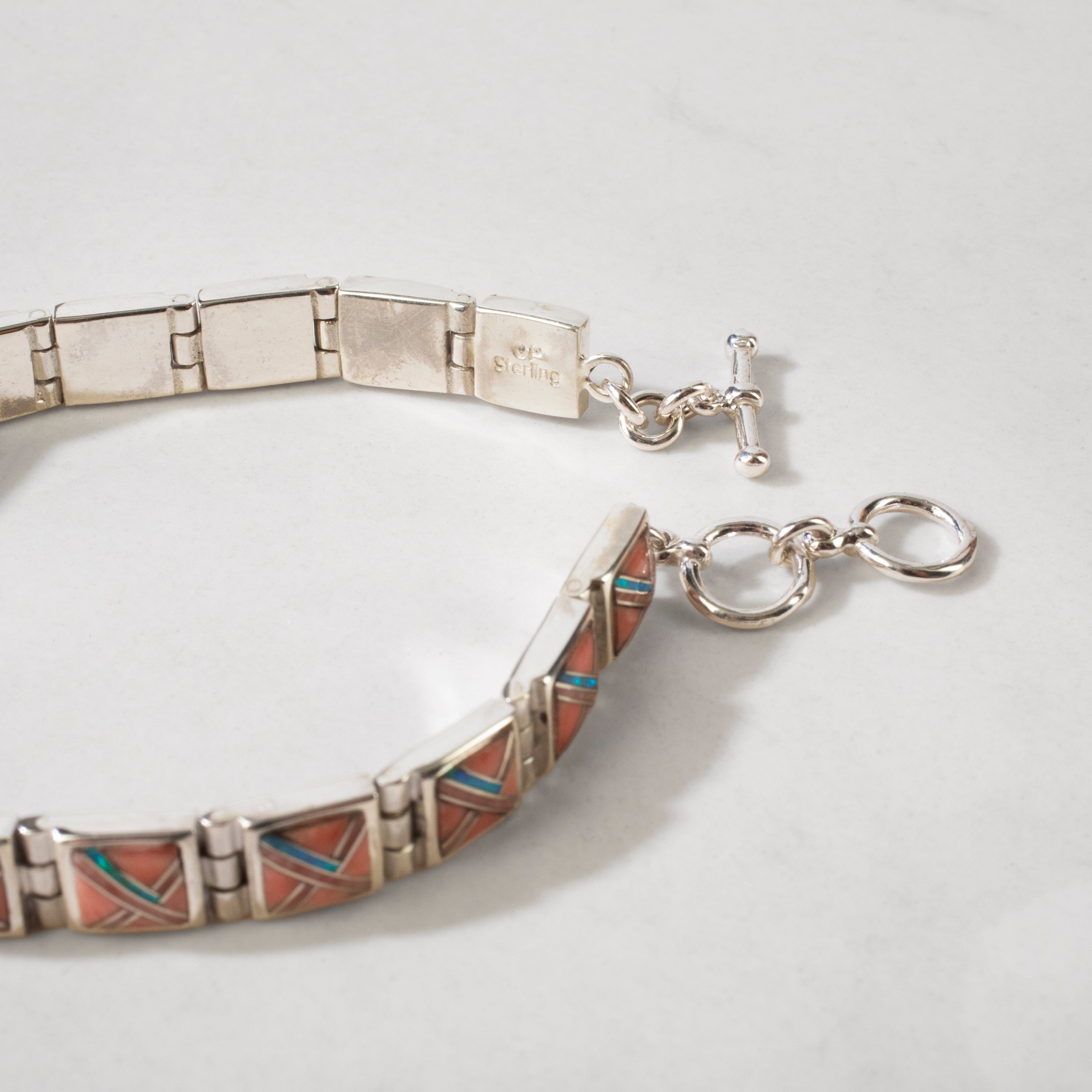 Kalifano Southwest Silver Jewelry Pink Conch Shell Square 925 Sterling Silver Bracelet USA Handmade with Opal Accent NMB.0245.PC