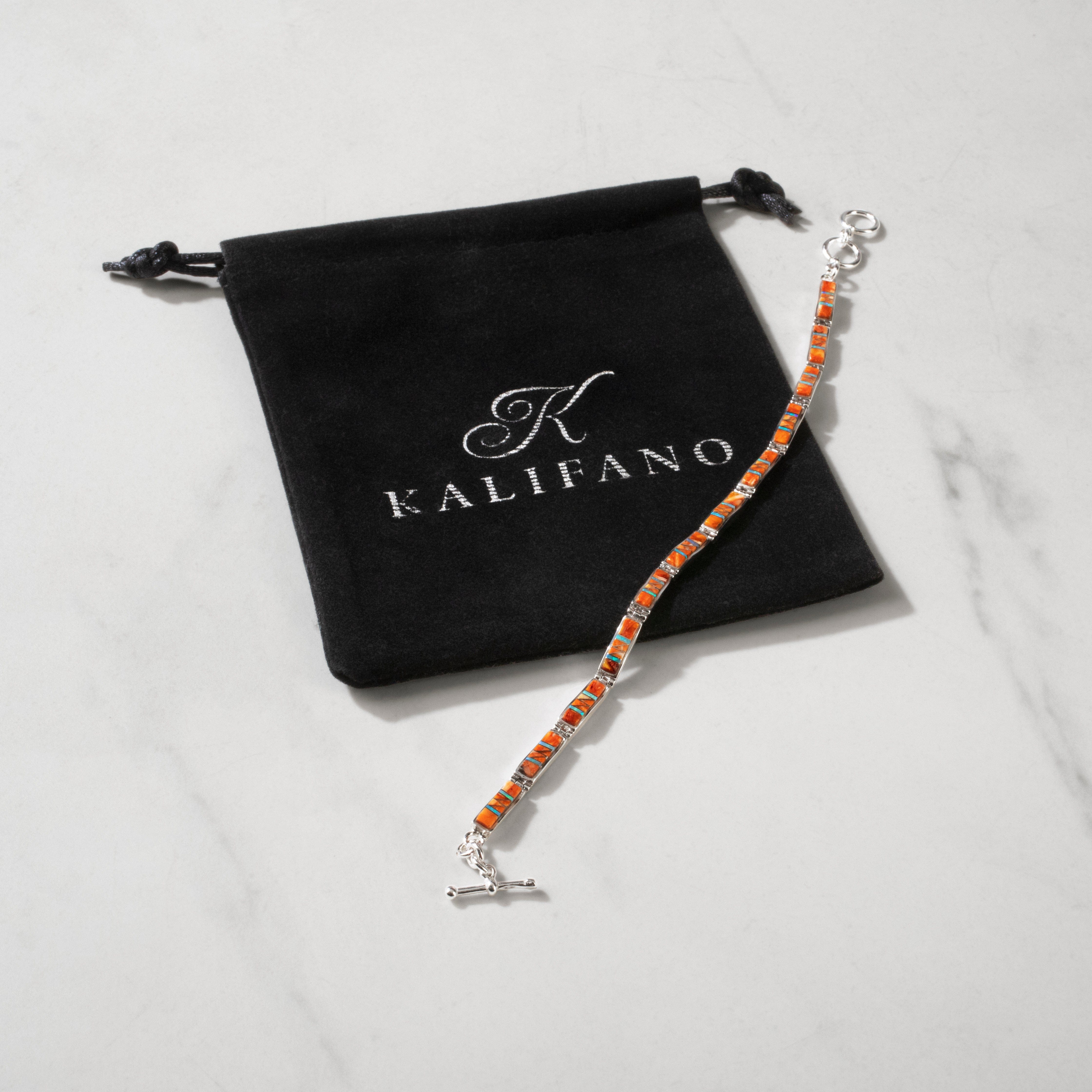 Kalifano Southwest Silver Jewelry Spiny Oyster Regtangle 925 Sterling Silver USA Handmade Bracelet NMB.0541.SP